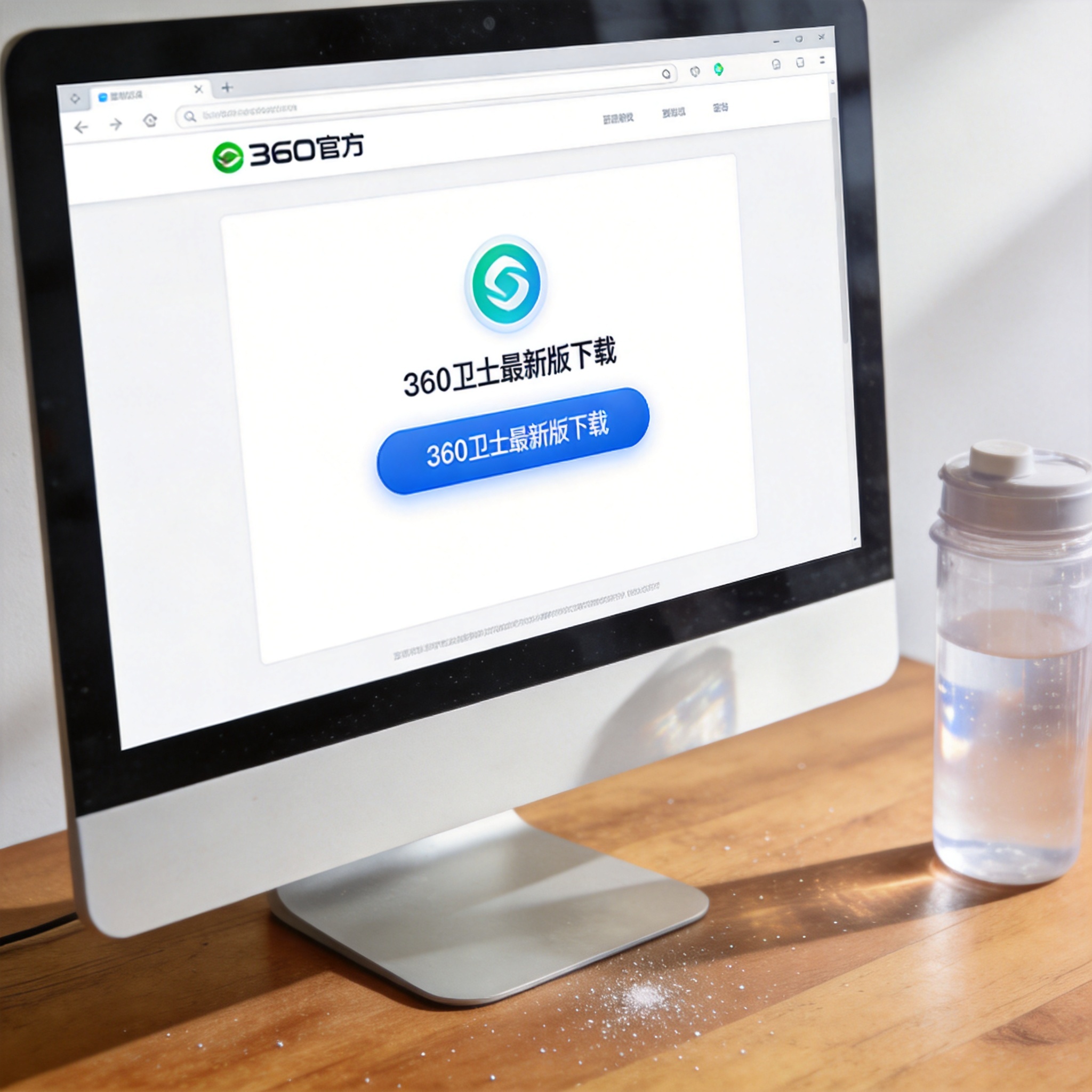 电脑放在桌面上，屏幕显示360官方官网页面，页面里有“360卫士最新版下载”入口，旁边放着半透明塑料水杯，室内自然光