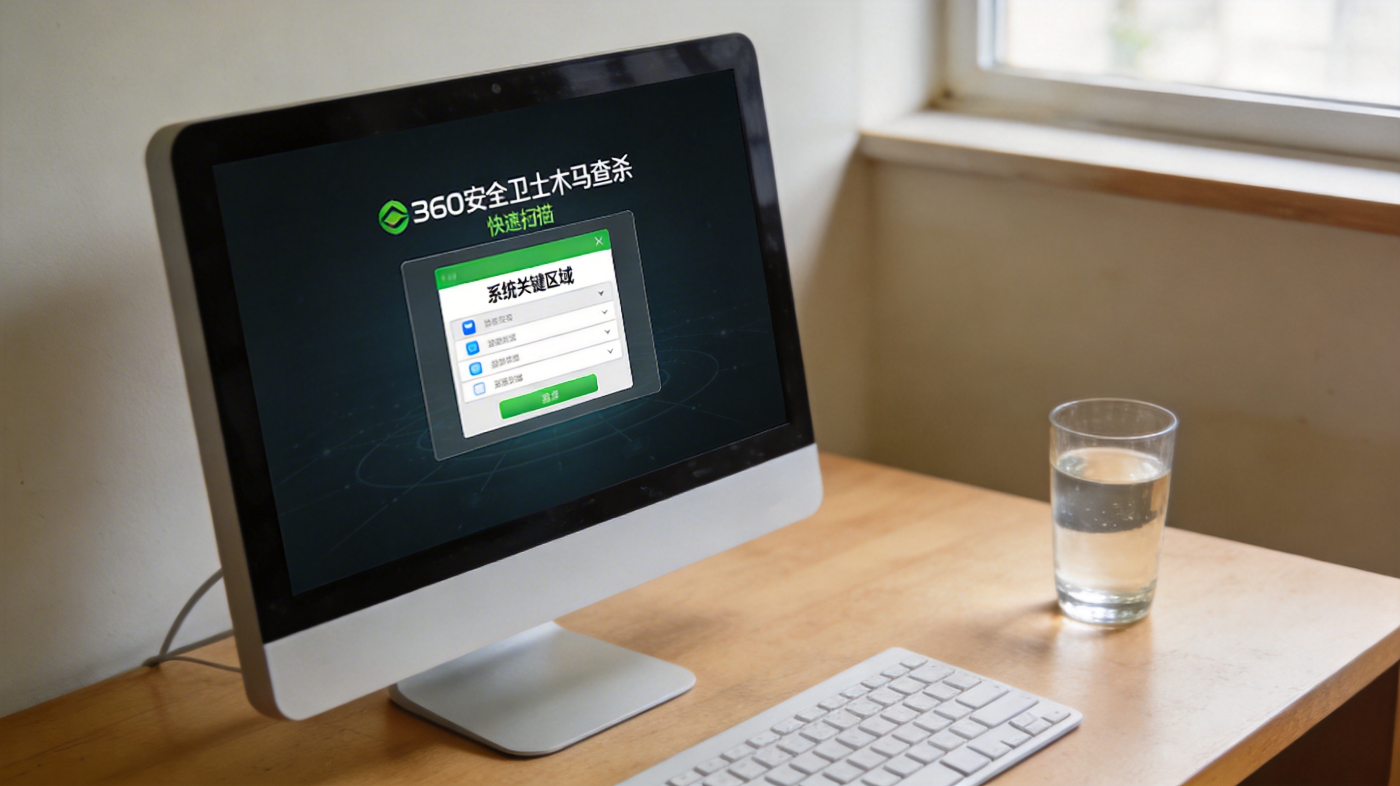 电脑桌面，屏幕显示360安全卫士木马查杀的快速扫描界面，下方列出系统关键区域选项，桌面角落放着半杯温水，室内自然光
