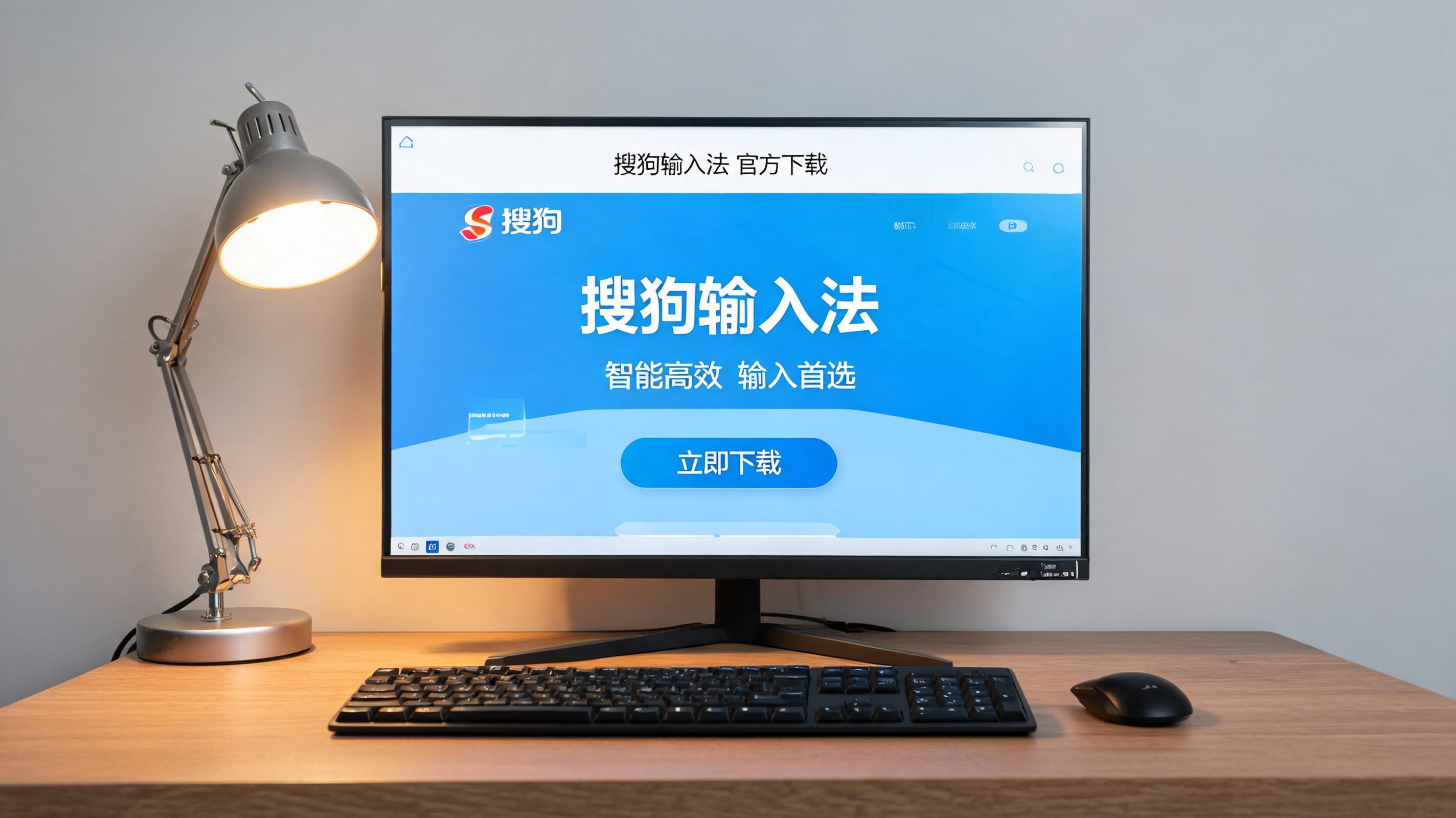 电脑桌上的电脑，屏幕显示搜狗输入法官方下载界面，旁边放着台灯