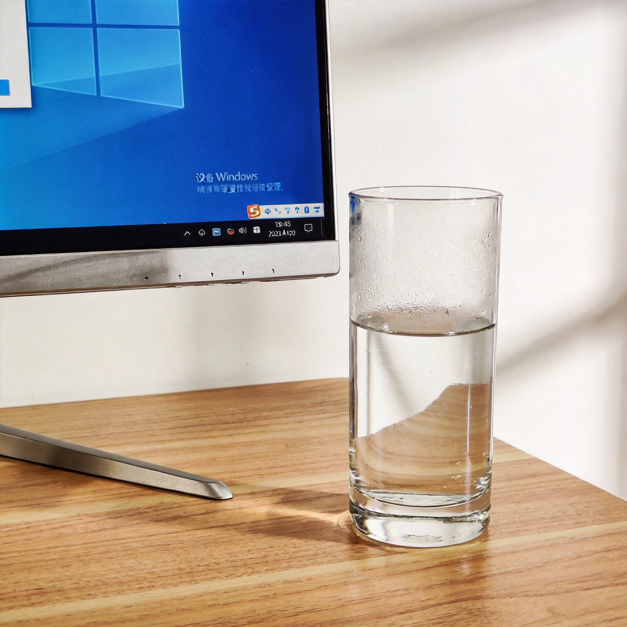 书桌上的电脑，屏幕显示Windows设置界面，桌角放着水杯，自然光