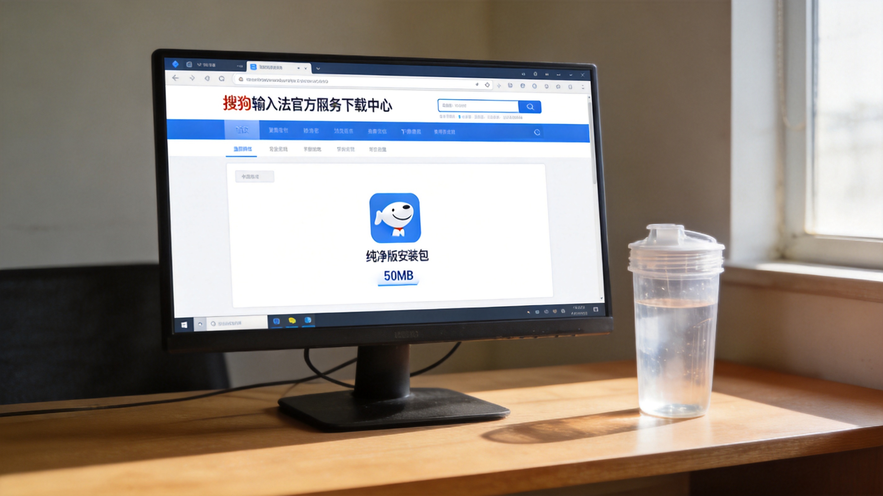 电脑桌面，屏幕显示搜狗输入法官方网站下载中心页面，纯净版安装包标注50MB大小，旁边放着半透明塑料水杯，室内自然光