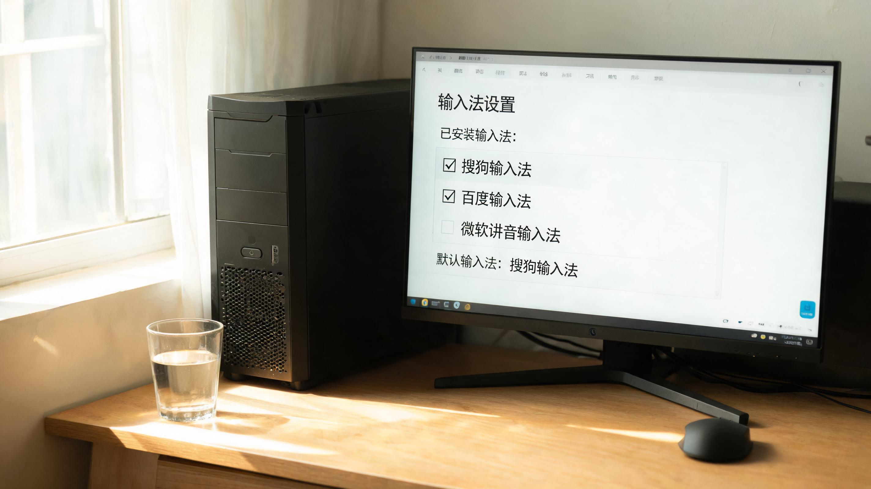 书桌上的主机，屏幕显示输入法设置界面，桌角放着水杯，自然光