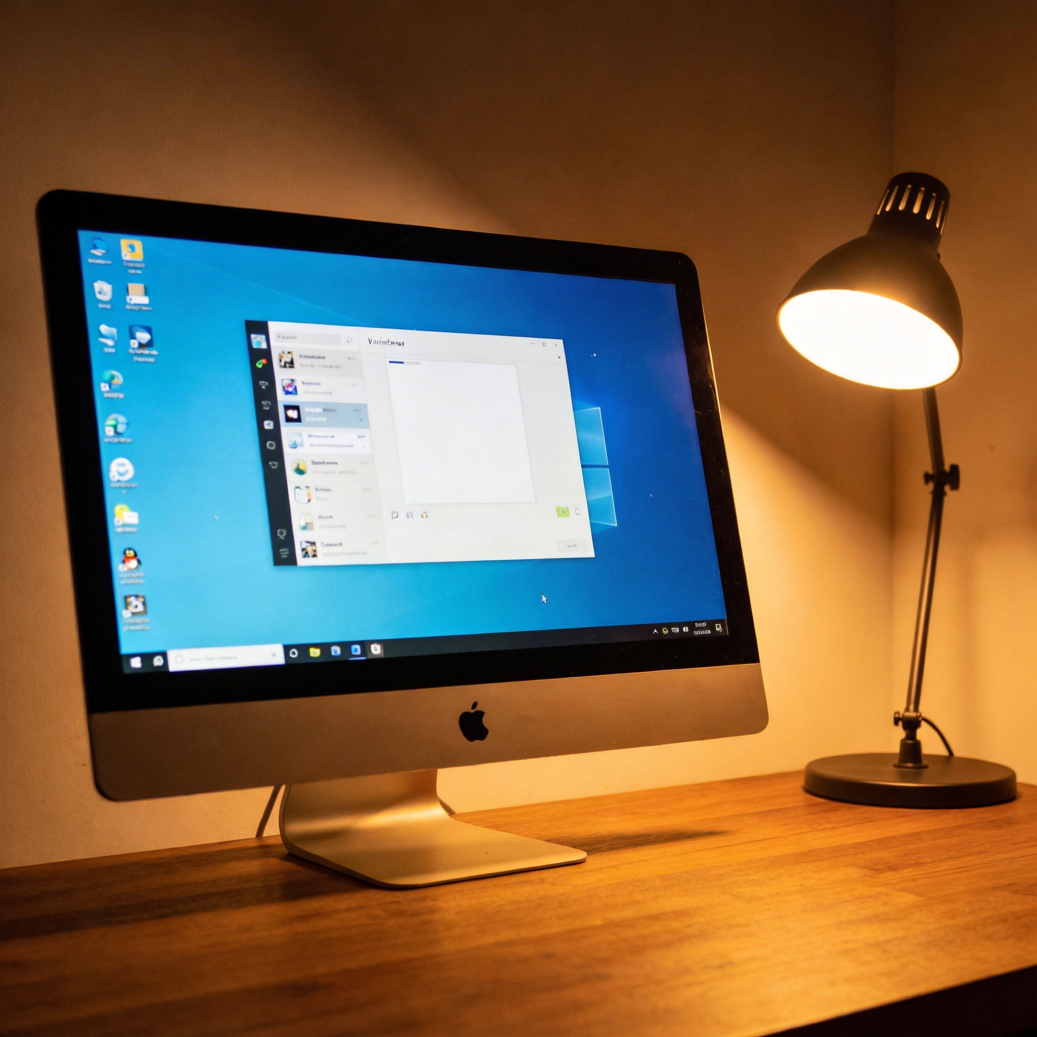 电脑桌上的电脑，屏幕显示Windows窗口，旁边放着台灯