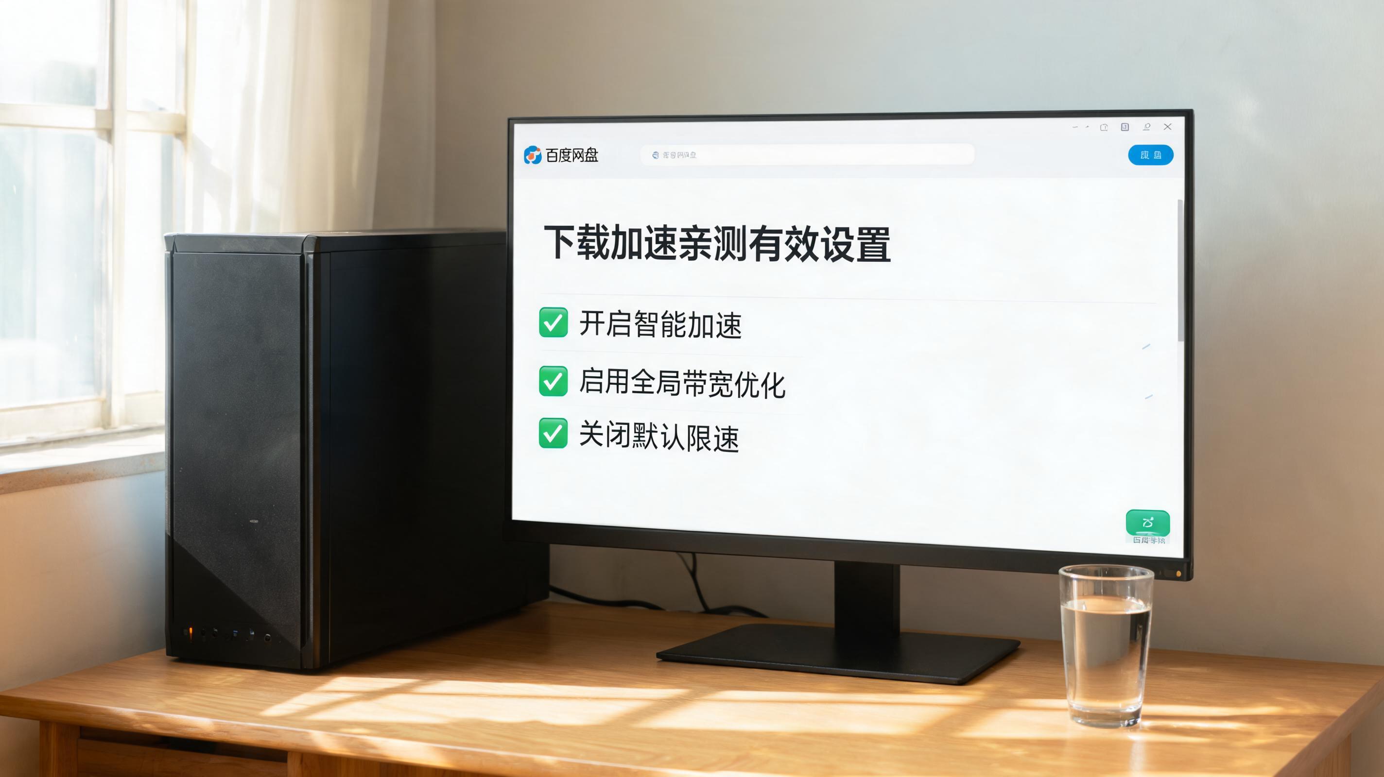 书桌上的主机，屏幕显示百度网盘下载加速亲测有效设置界面，桌角放着水杯，自然光