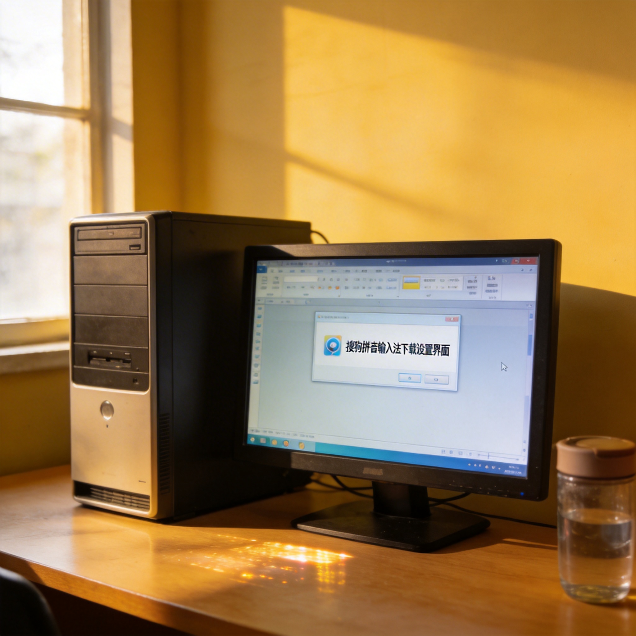 书桌上的主机，屏幕显示搜狗拼音输入法下载设置界面，桌角放着水杯，自然光