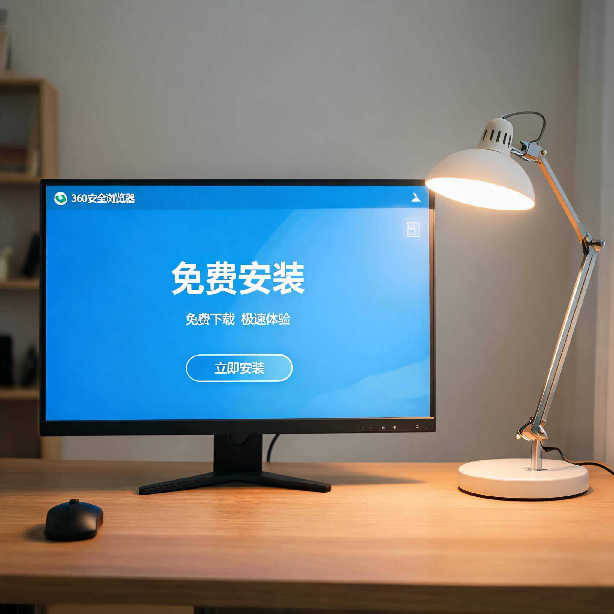 电脑桌上的电脑，屏幕显示360 浏览器免费安装界面，旁边放着台灯