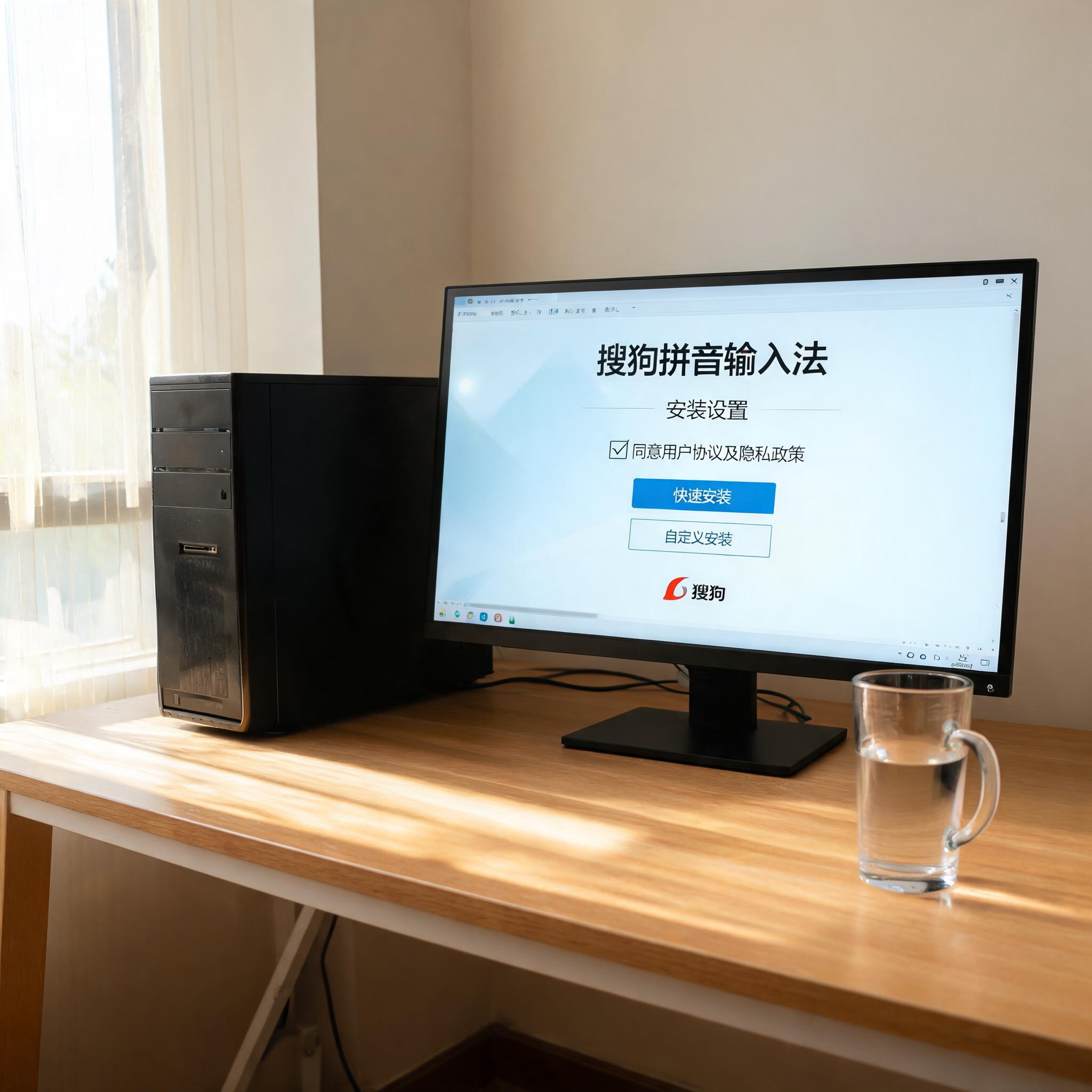 书桌上的主机，屏幕显示搜狗拼音输入法下载设置界面，桌角放着水杯，自然光