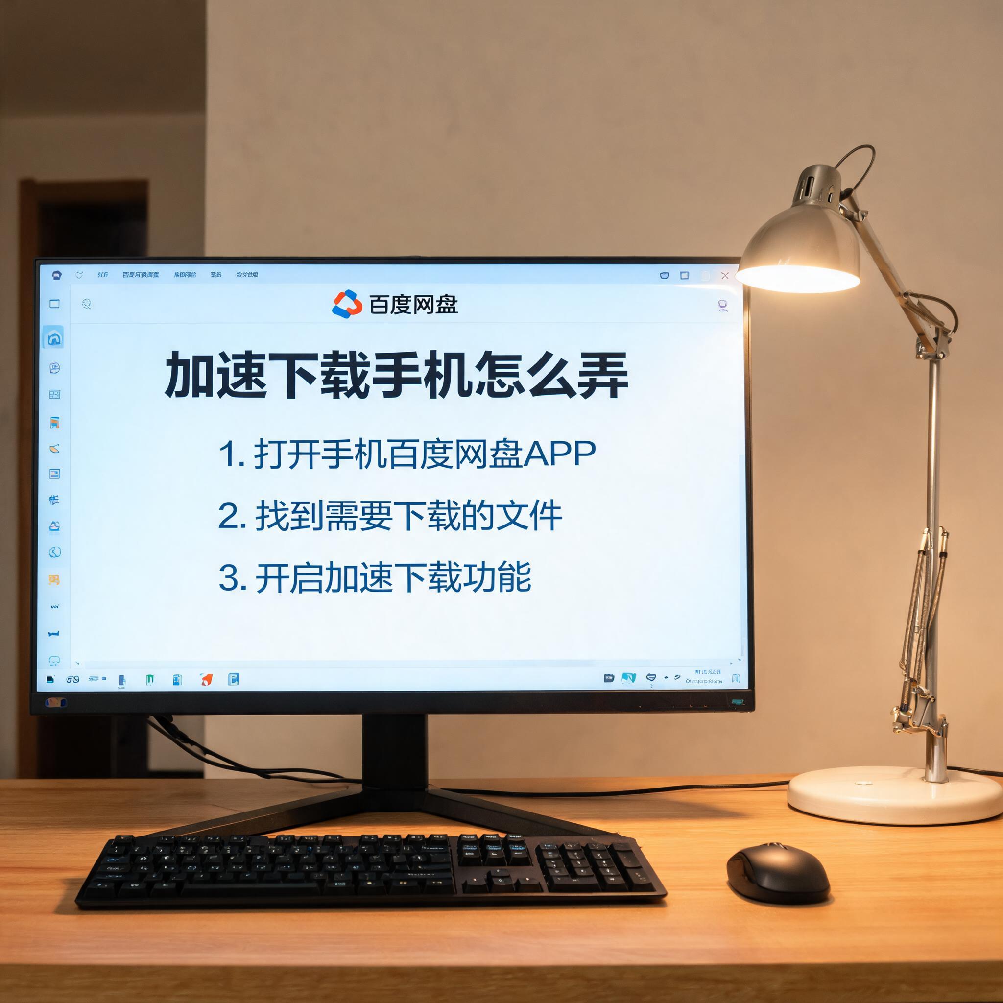 电脑桌上的电脑，屏幕显示百度网盘加速下载手机怎么弄界面，旁边放着台灯