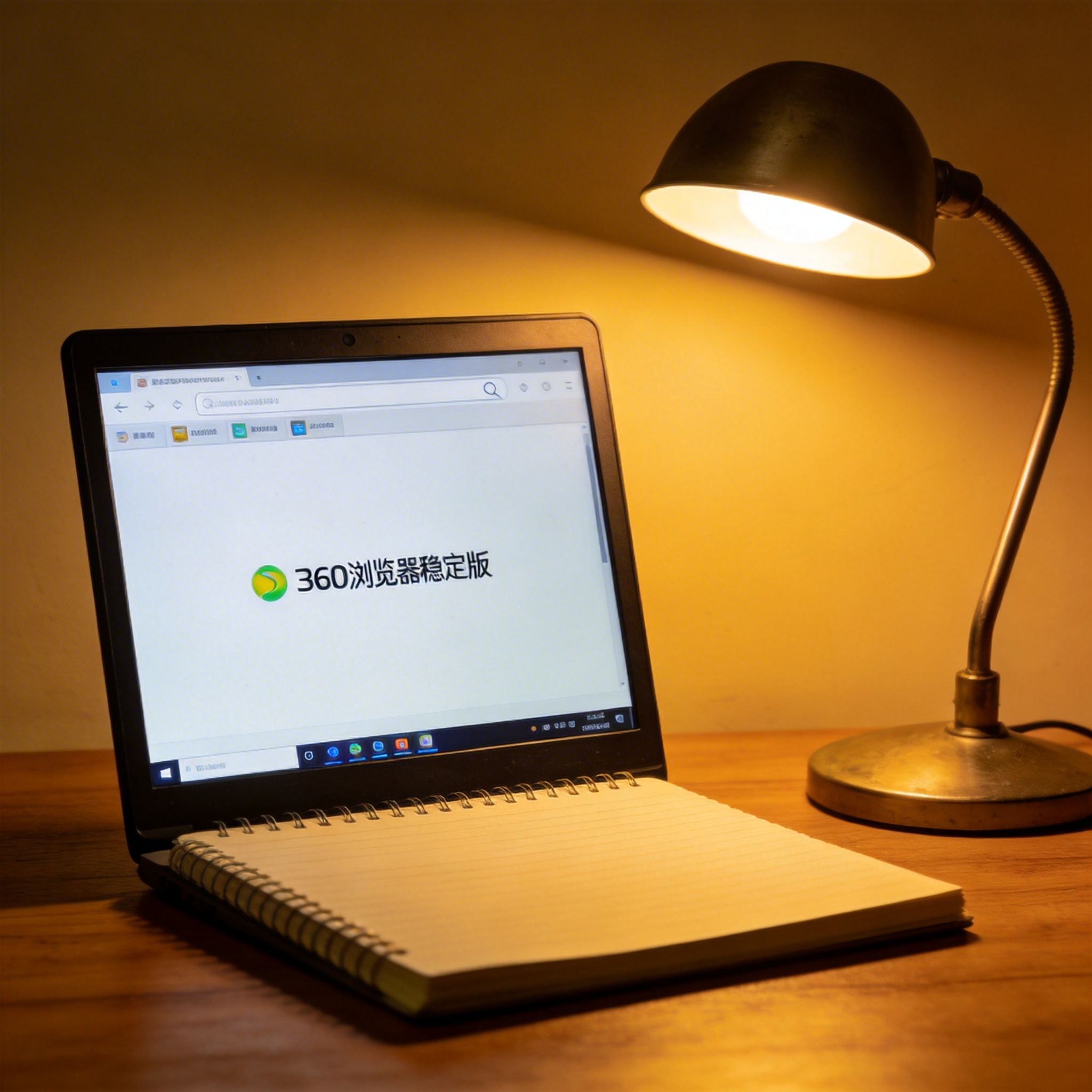 电脑桌上的笔记本，屏幕显示360 浏览器稳定版界面，旁边放着台灯
