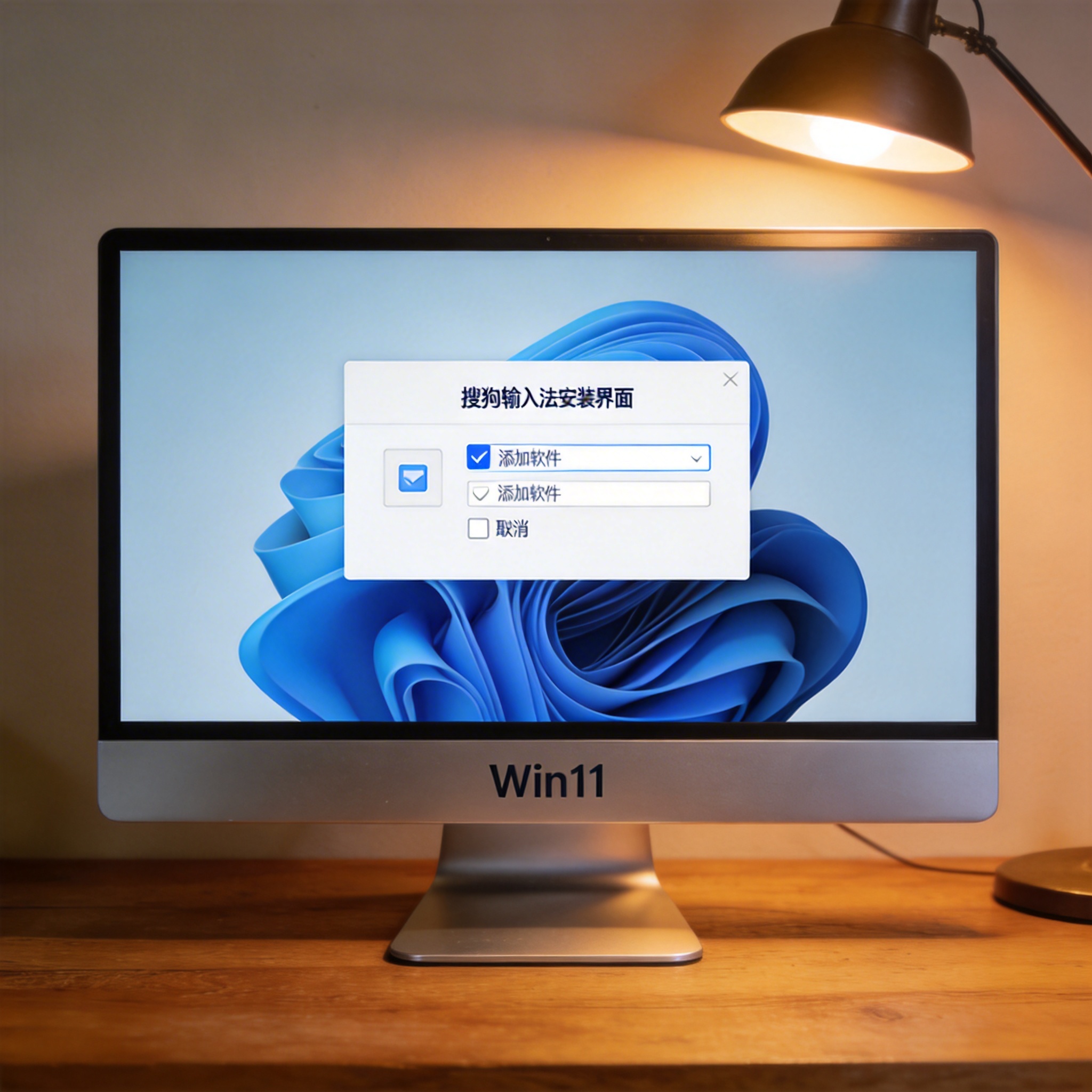 书桌上的Win11系统电脑，屏幕显示搜狗输入法安装界面，附加软件选项的勾选框已取消，台灯暖光