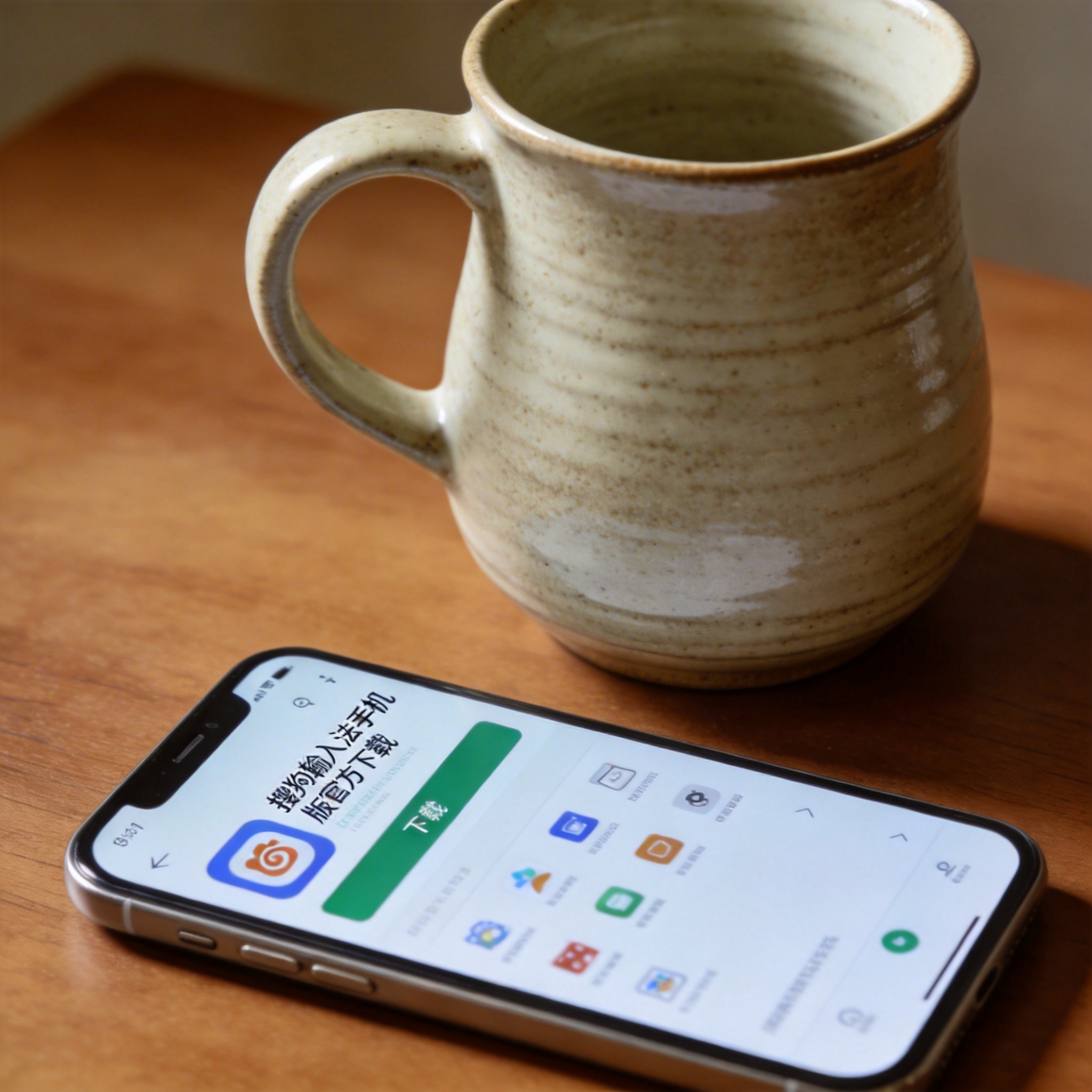 桌面放着的智能手机，屏幕显示搜狗输入法手机版的官方下载页面，旁边摆着陶瓷水杯，室内自然光