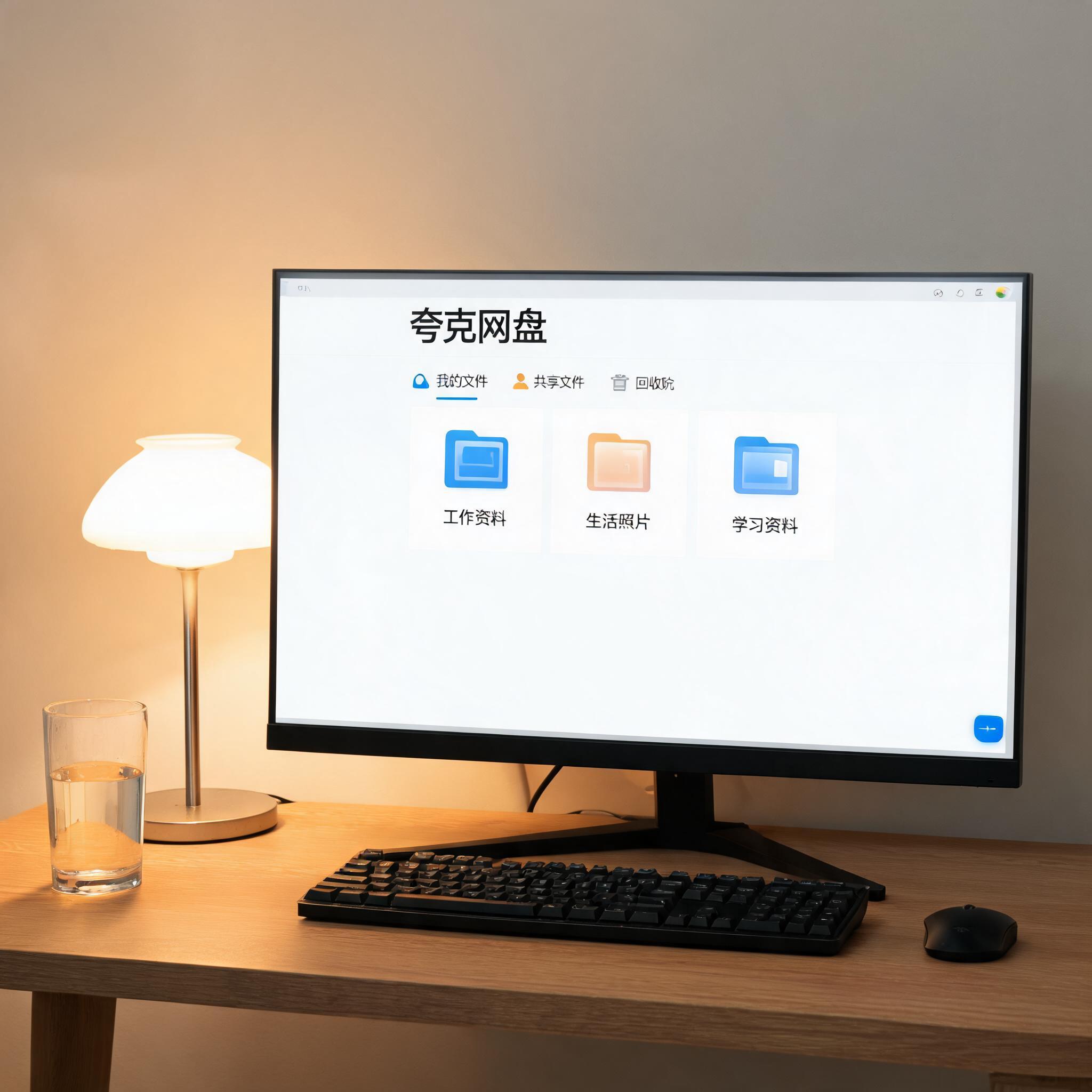 电脑桌上的电脑，屏幕显示夸克网盘界面，旁边放着台灯