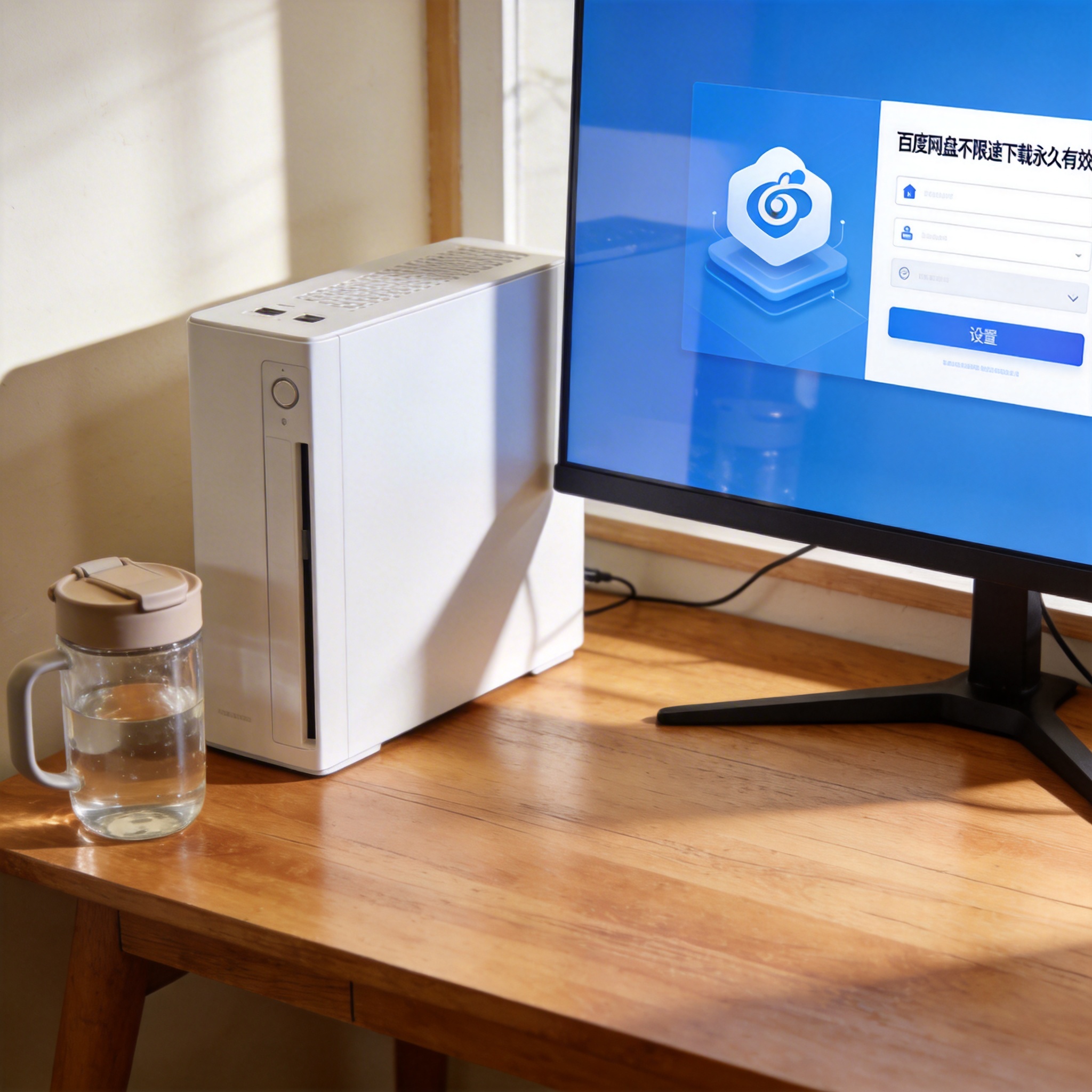 书桌上的主机，屏幕显示百度网盘不限速下载永久有效设置界面，桌角放着水杯，自然光