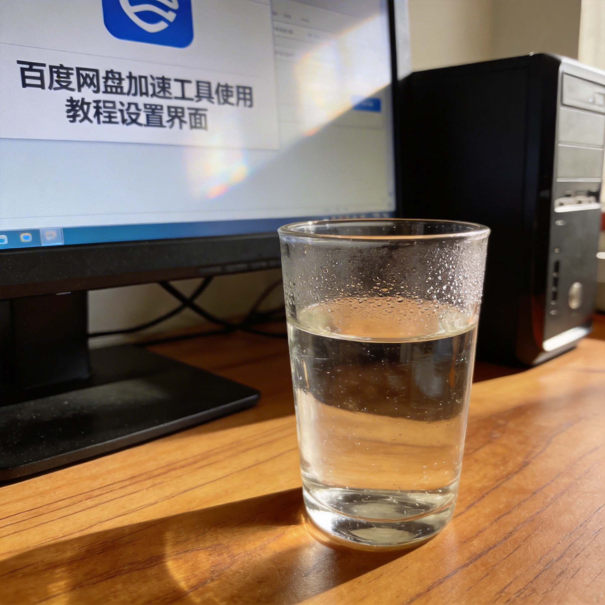 书桌上的主机，屏幕显示百度网盘加速工具使用教程设置界面，桌角放着水杯，自然光
