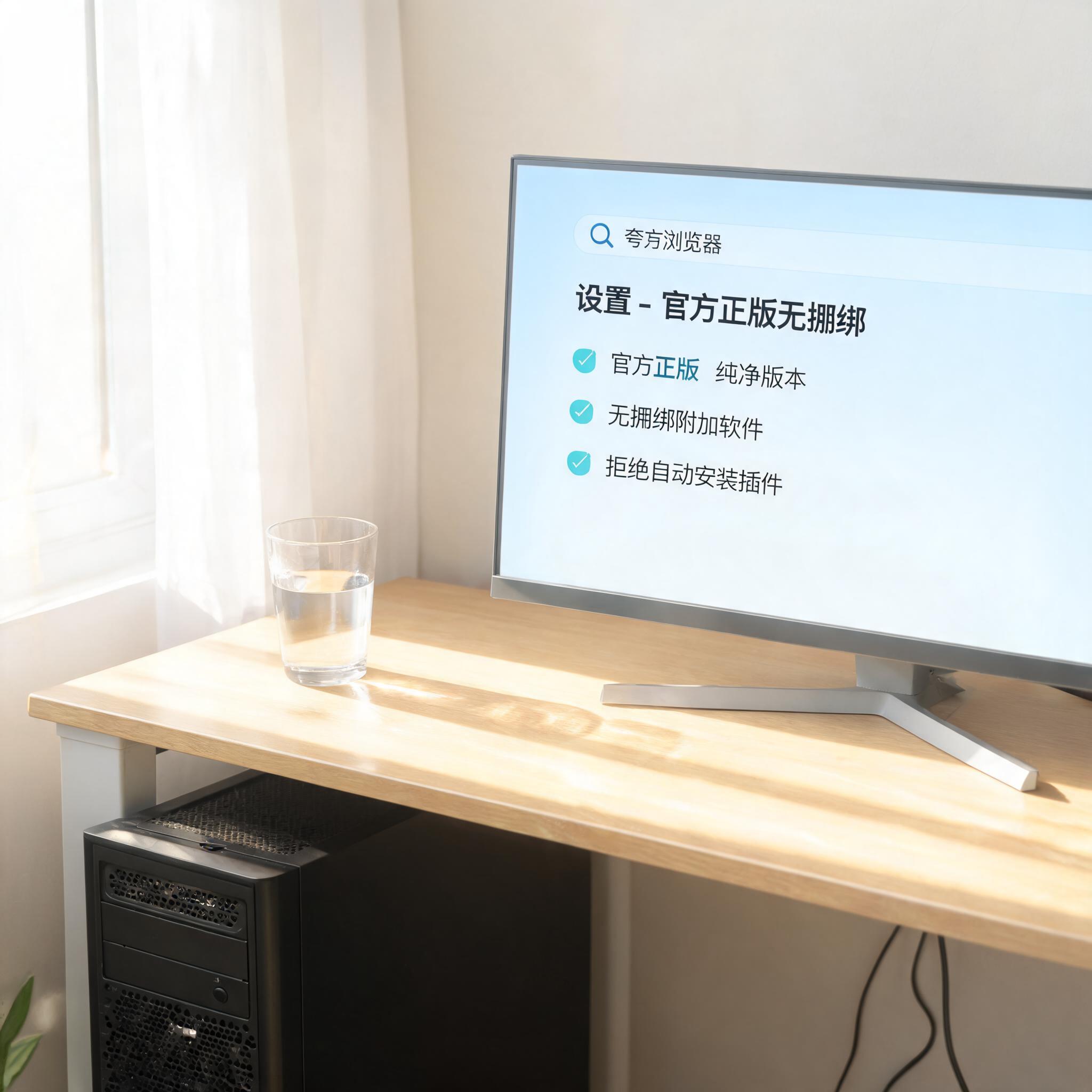 书桌上的主机，屏幕显示夸克浏览器官方正版无捆绑设置界面，桌角放着水杯，自然光