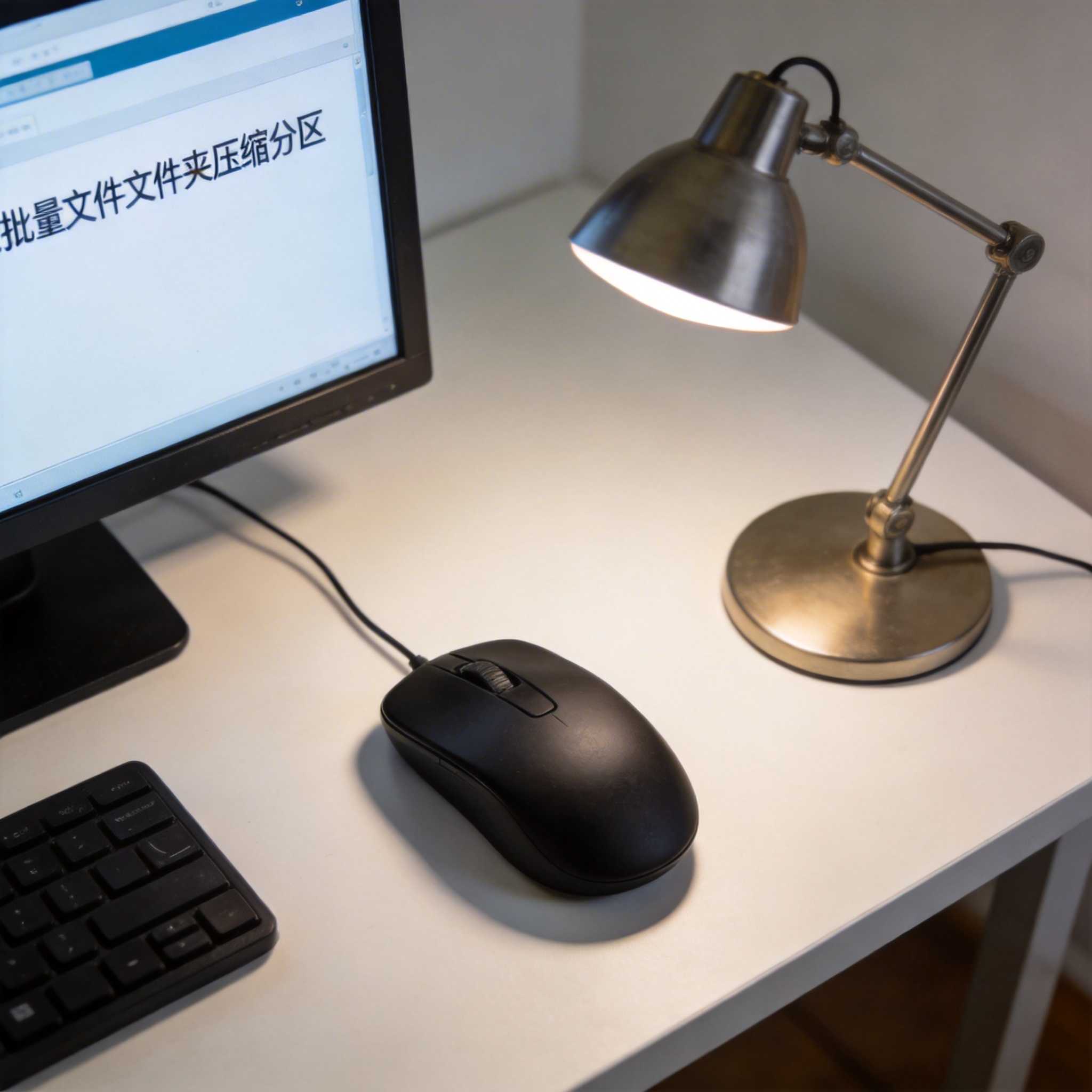电脑桌上的鼠标，屏幕显示批量文件文件夹压缩分区，旁边放着台灯