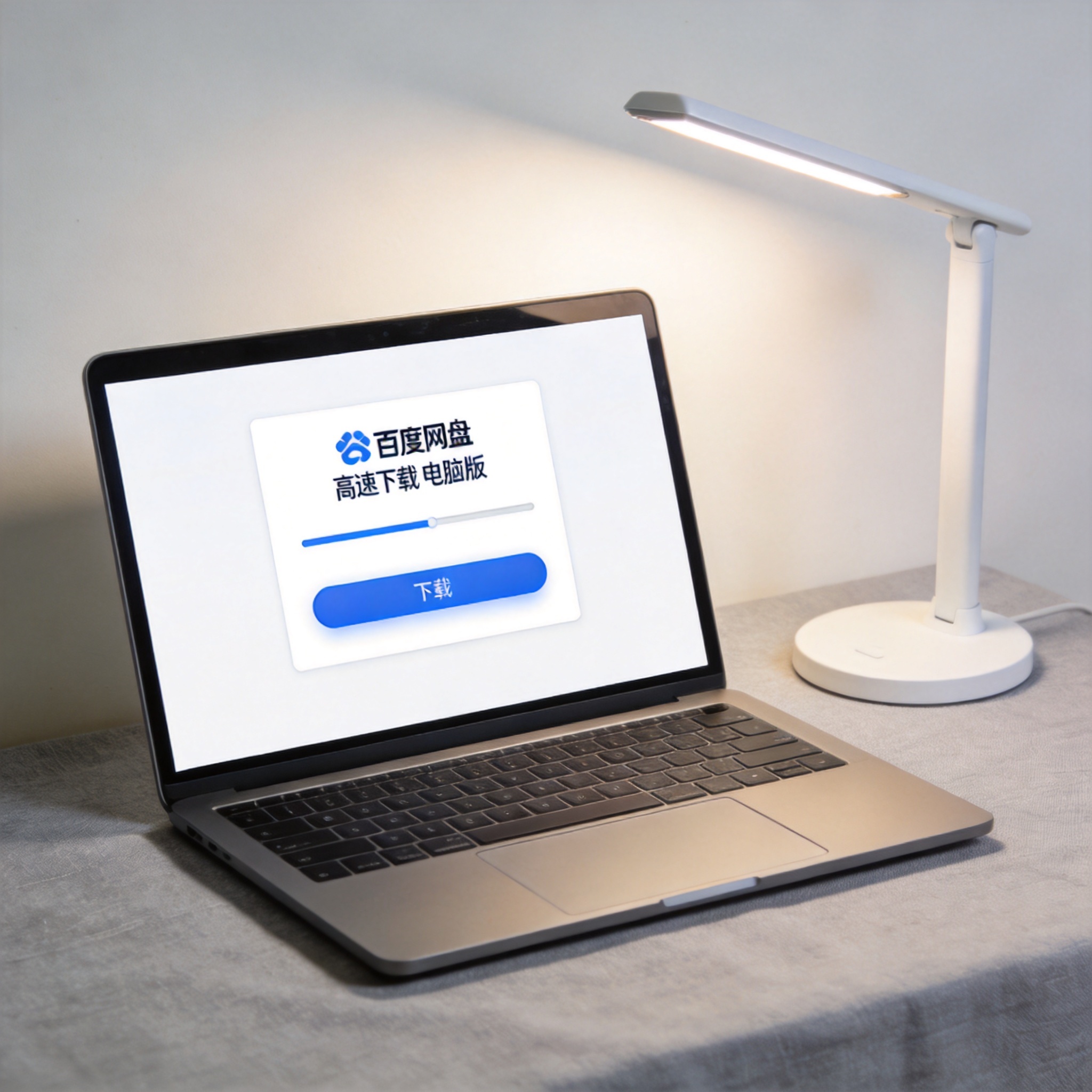 电脑桌上的电脑，屏幕显示百度网盘高速下载电脑版界面，旁边放着台灯