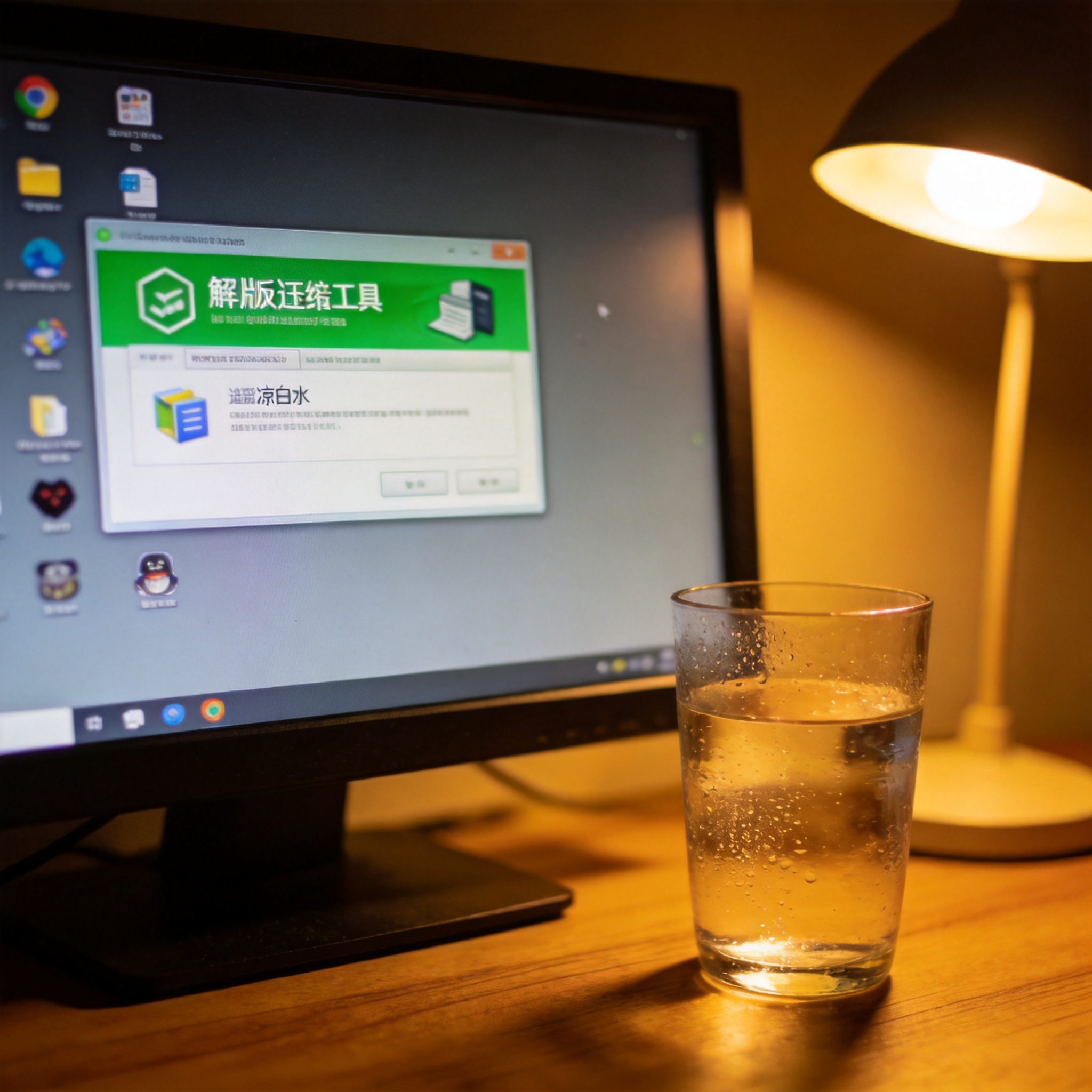 电脑屏幕显示绿色版解压缩工具的弹窗广告，桌面多出几个陌生图标，旁边放着半杯凉白开，台灯暖光