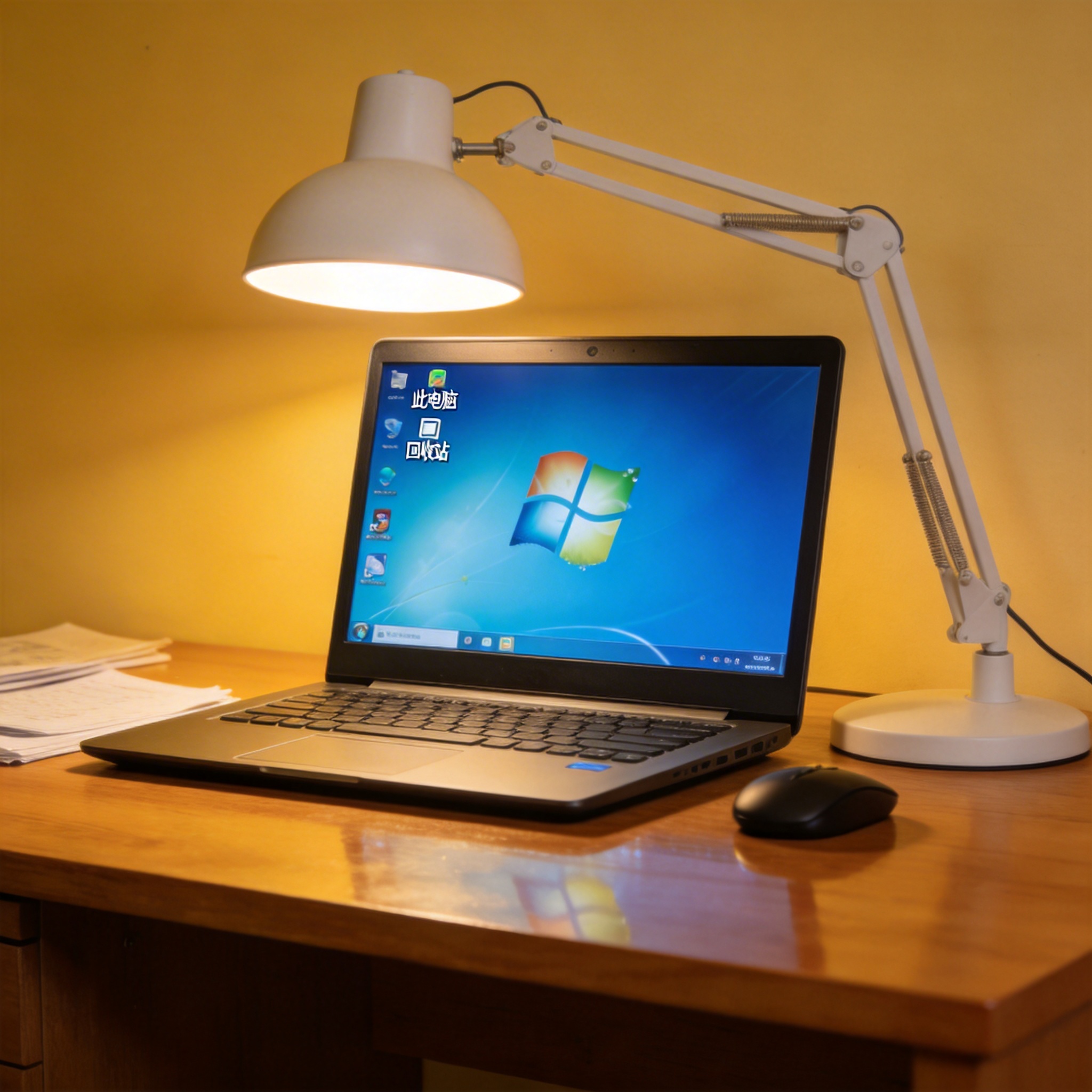 电脑桌上的电脑，屏幕显示Windows界面，旁边放着台灯