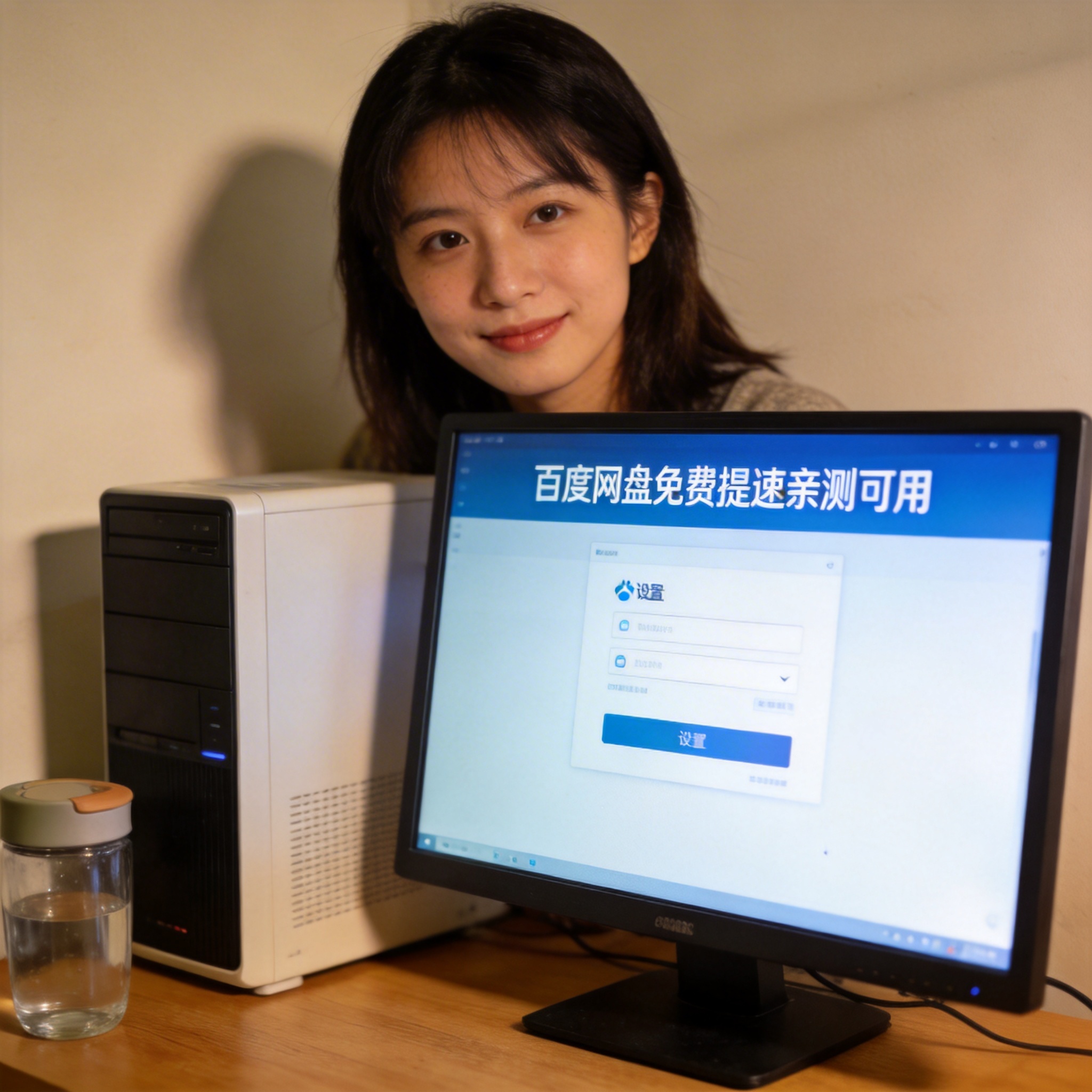 书桌上的主机，屏幕显示百度网盘免费提速亲测可用设置界面，桌角放着水杯，自然光