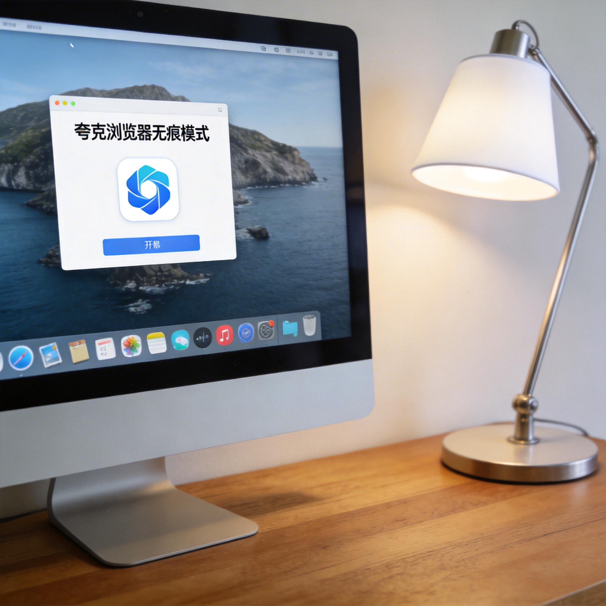 电脑桌上的电脑，屏幕显示夸克浏览器无痕模式开启桌面，旁边放着台灯