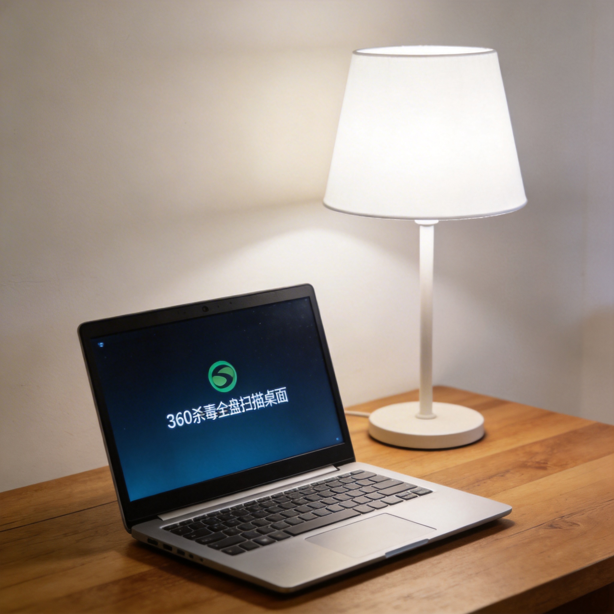 电脑桌上的电脑，屏幕显示360 杀毒全盘扫描桌面，旁边放着台灯