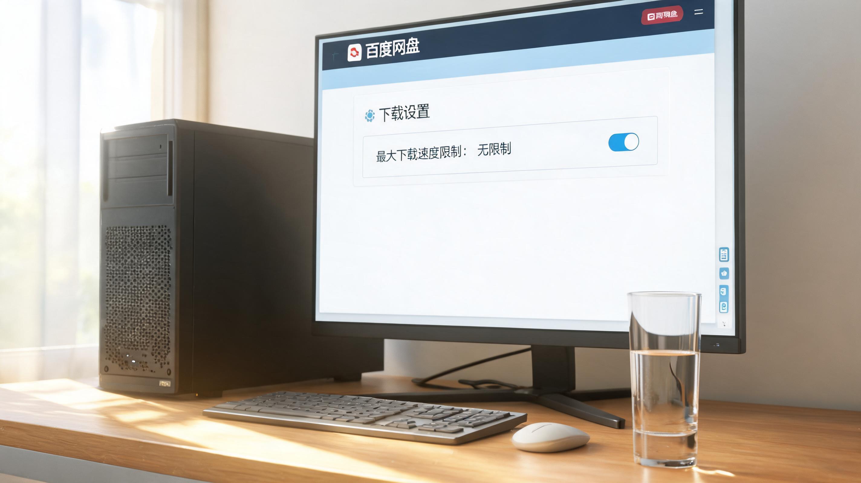 书桌上的主机，屏幕显示百度网盘加速下载不限制速度设置界面，桌角放着水杯，自然光