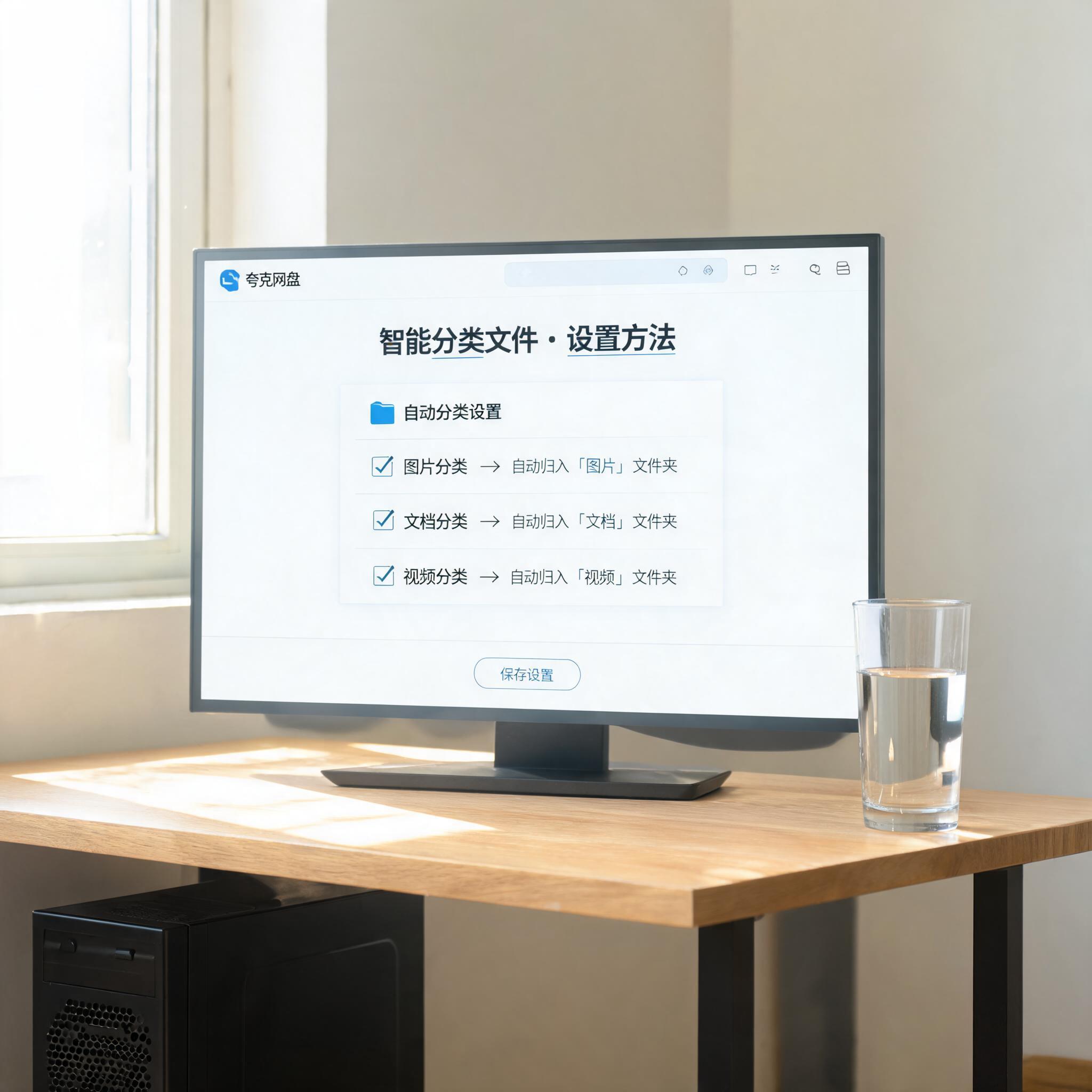书桌上的主机，屏幕显示夸克网盘智能分类文件方法设置界面，桌角放着水杯，自然光