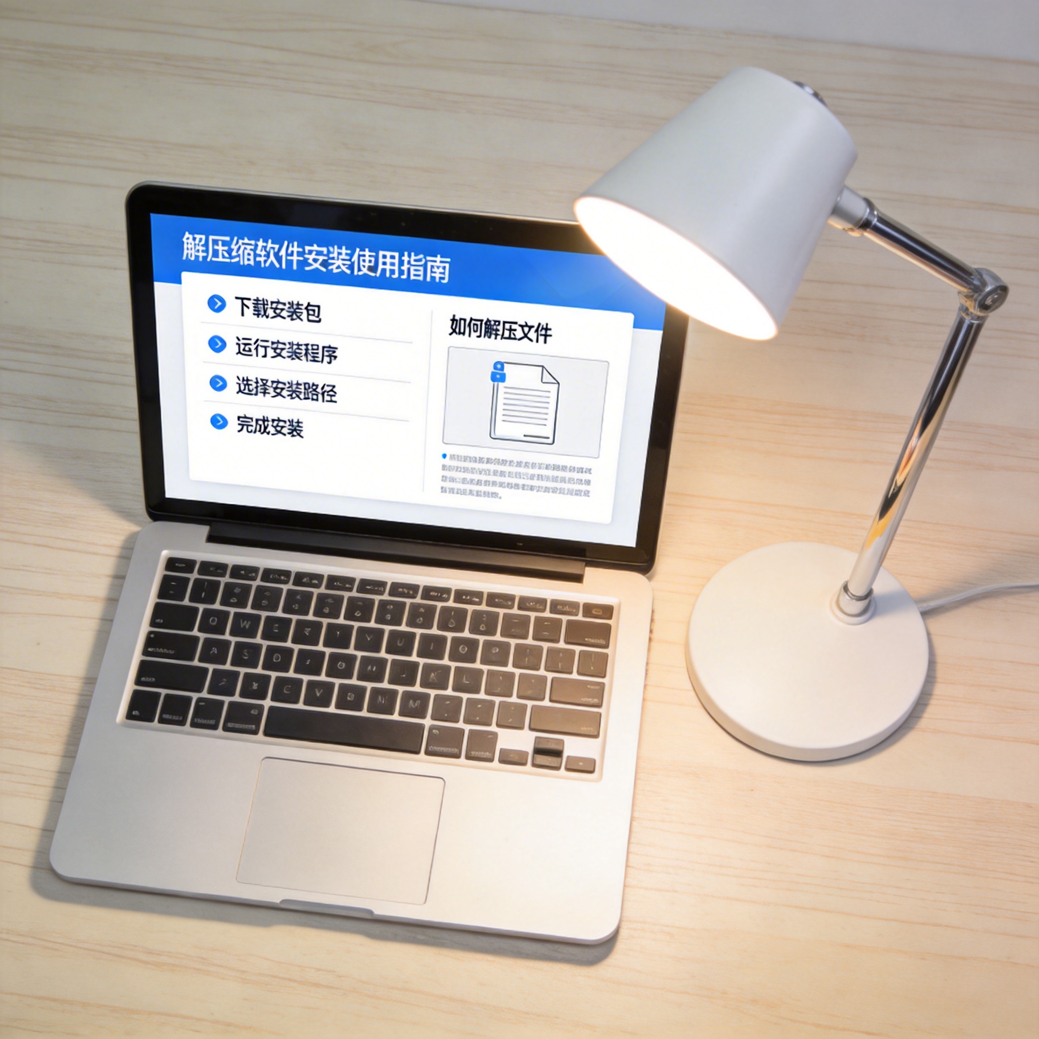 电脑桌上的电脑，屏幕显示解压缩软件怎么安装使用界面，旁边放着台灯