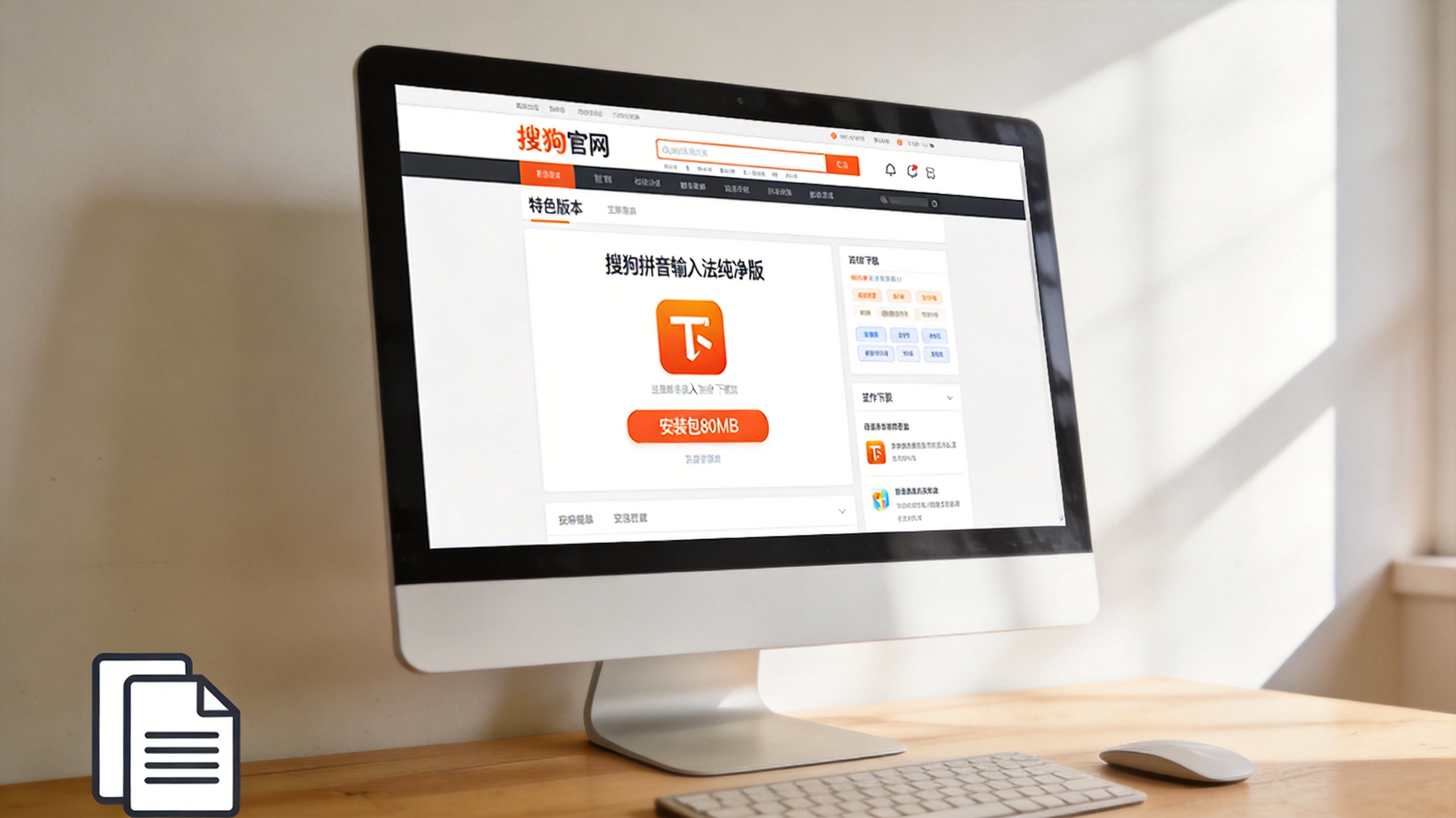 电脑桌面，屏幕显示搜狗官网的特色版本板块，页面里有搜狗拼音输入法纯净版下载入口，标注安装包80MB，室内自然光