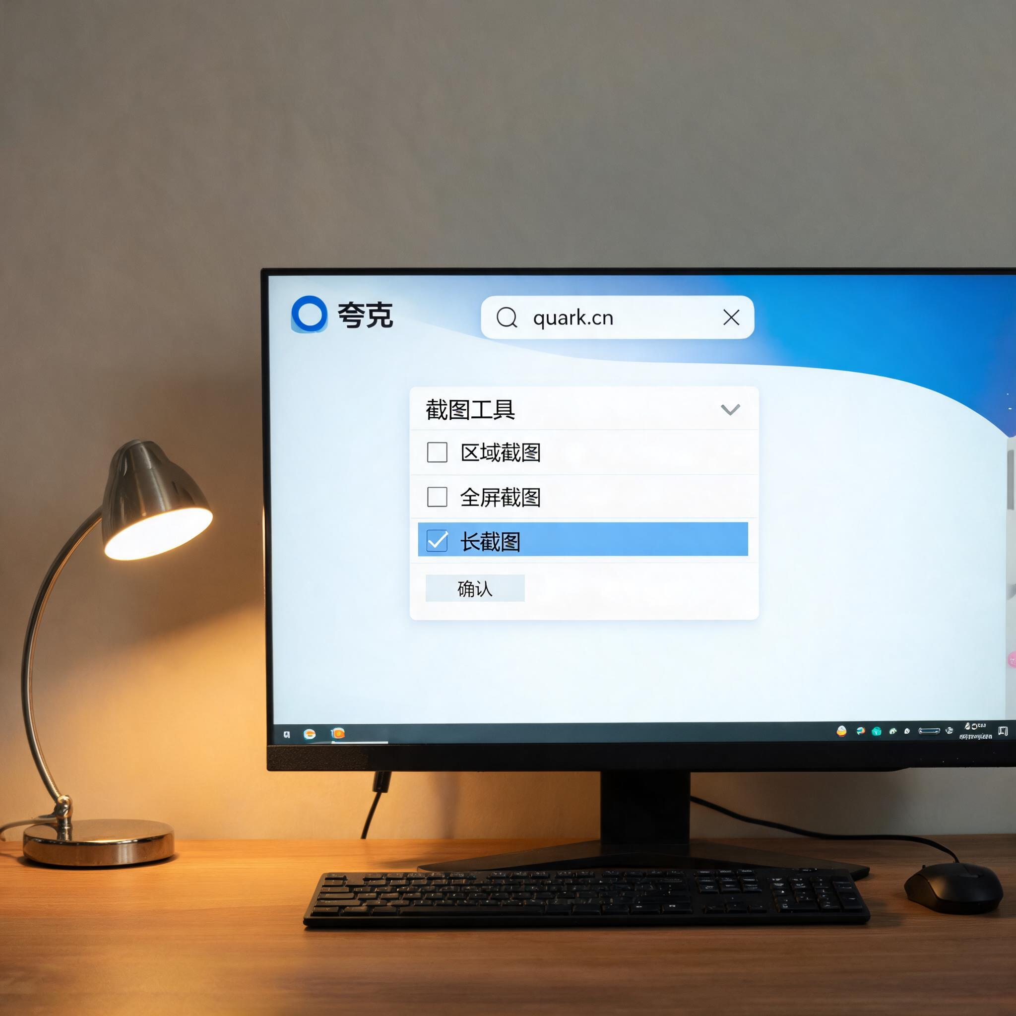 电脑桌上的电脑，屏幕显示夸克浏览器截图长图功能菜单，旁边放着台灯