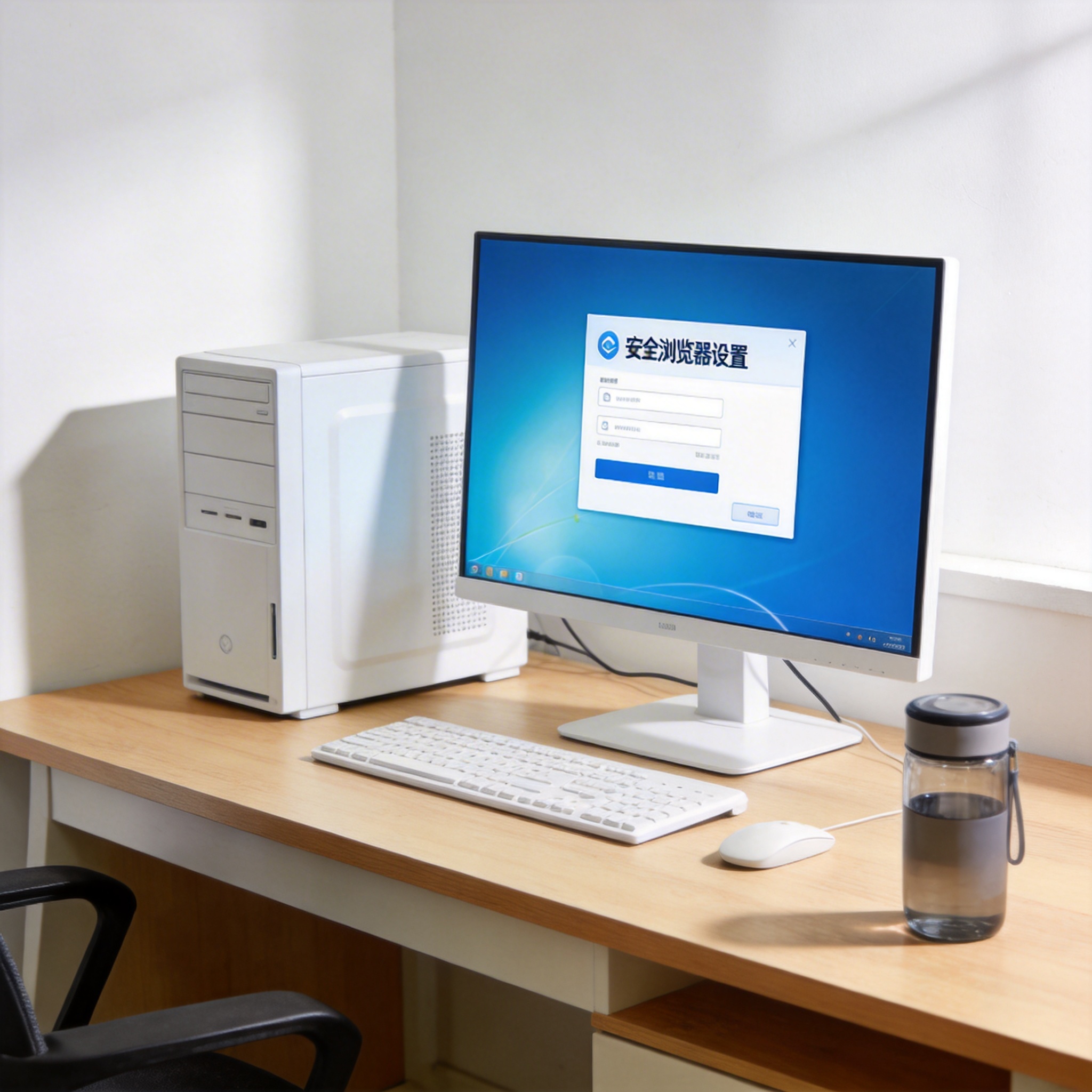 书桌上的主机，屏幕显示安全浏览器设置界面，桌角放着水杯，自然光