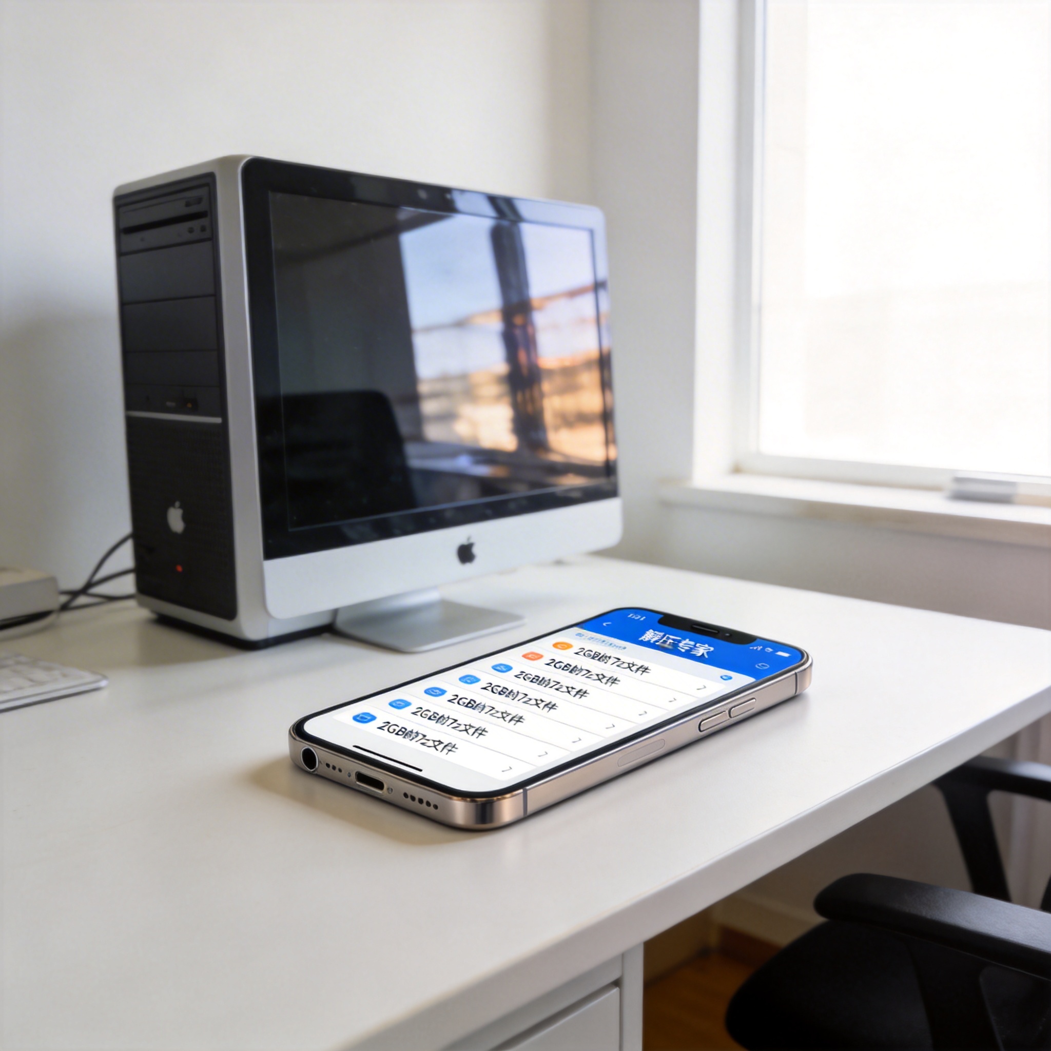 办公桌面的苹果手机，屏幕显示解压专家APP界面，列表里有2GB的7z文件，旁边放着台式电脑，室内自然光