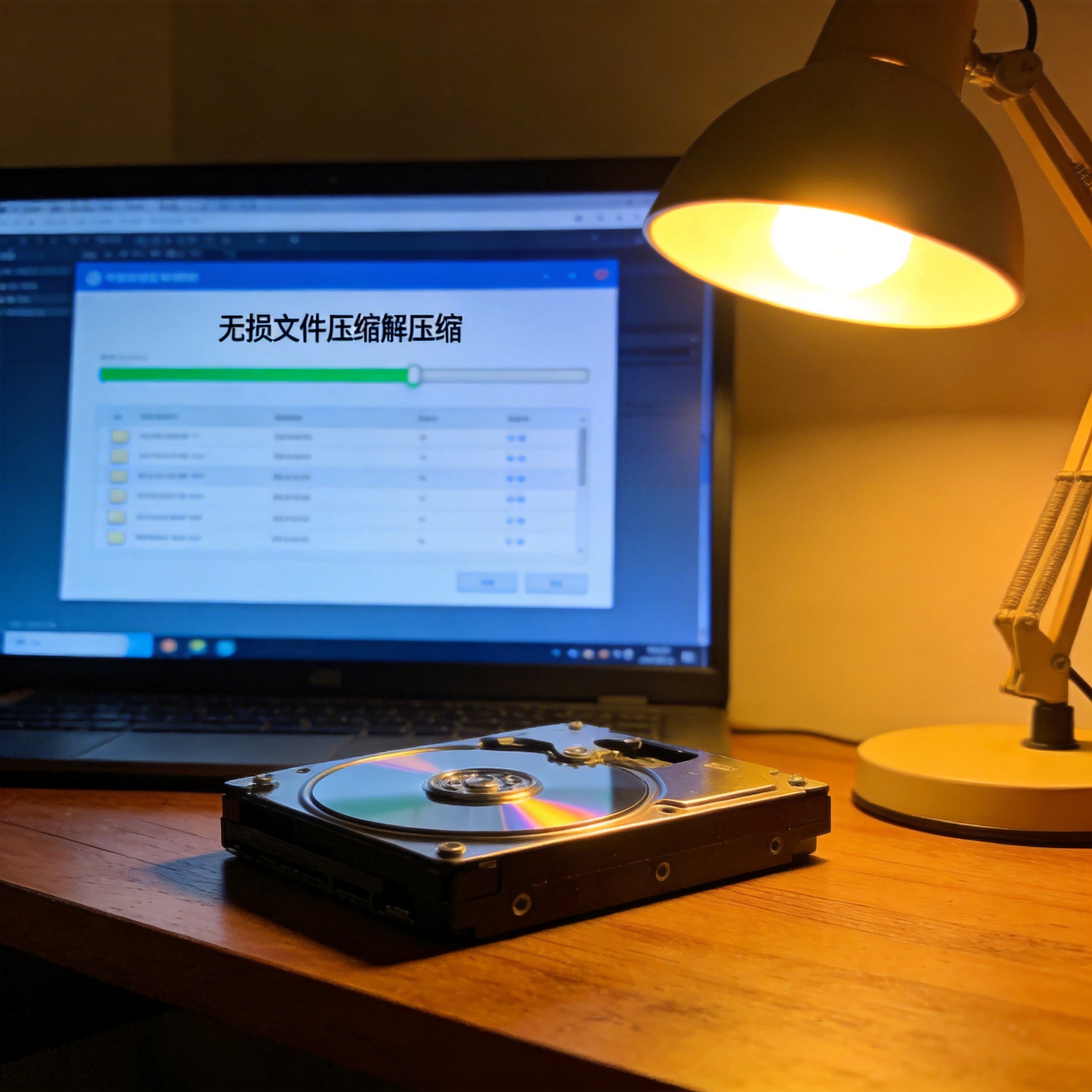电脑桌上的硬盘，屏幕显示无损文件压缩解压缩界面，旁边放着台灯