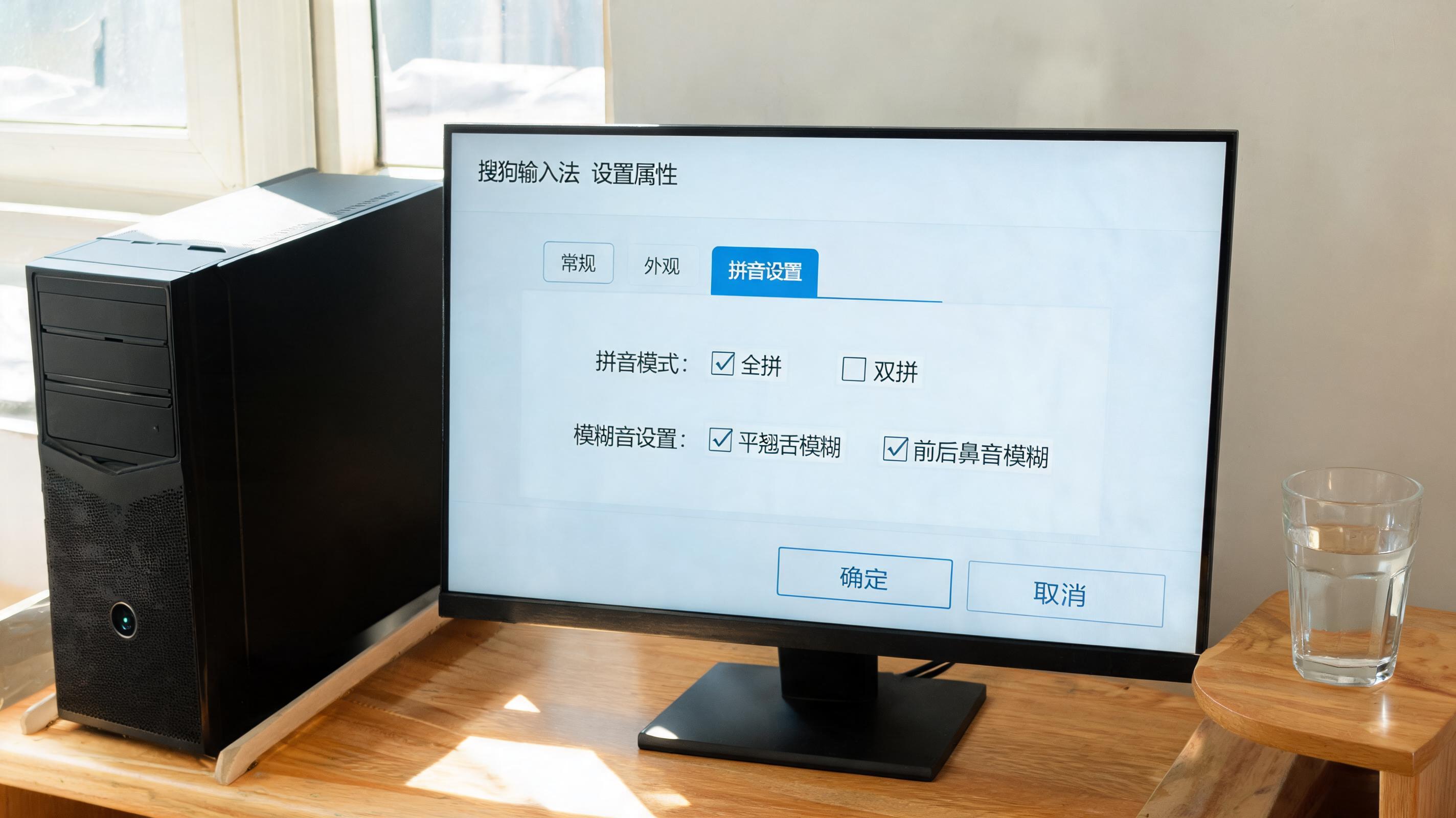 书桌上的主机，屏幕显示搜狗输入法如何切换拼音设置界面，桌角放着水杯，自然光