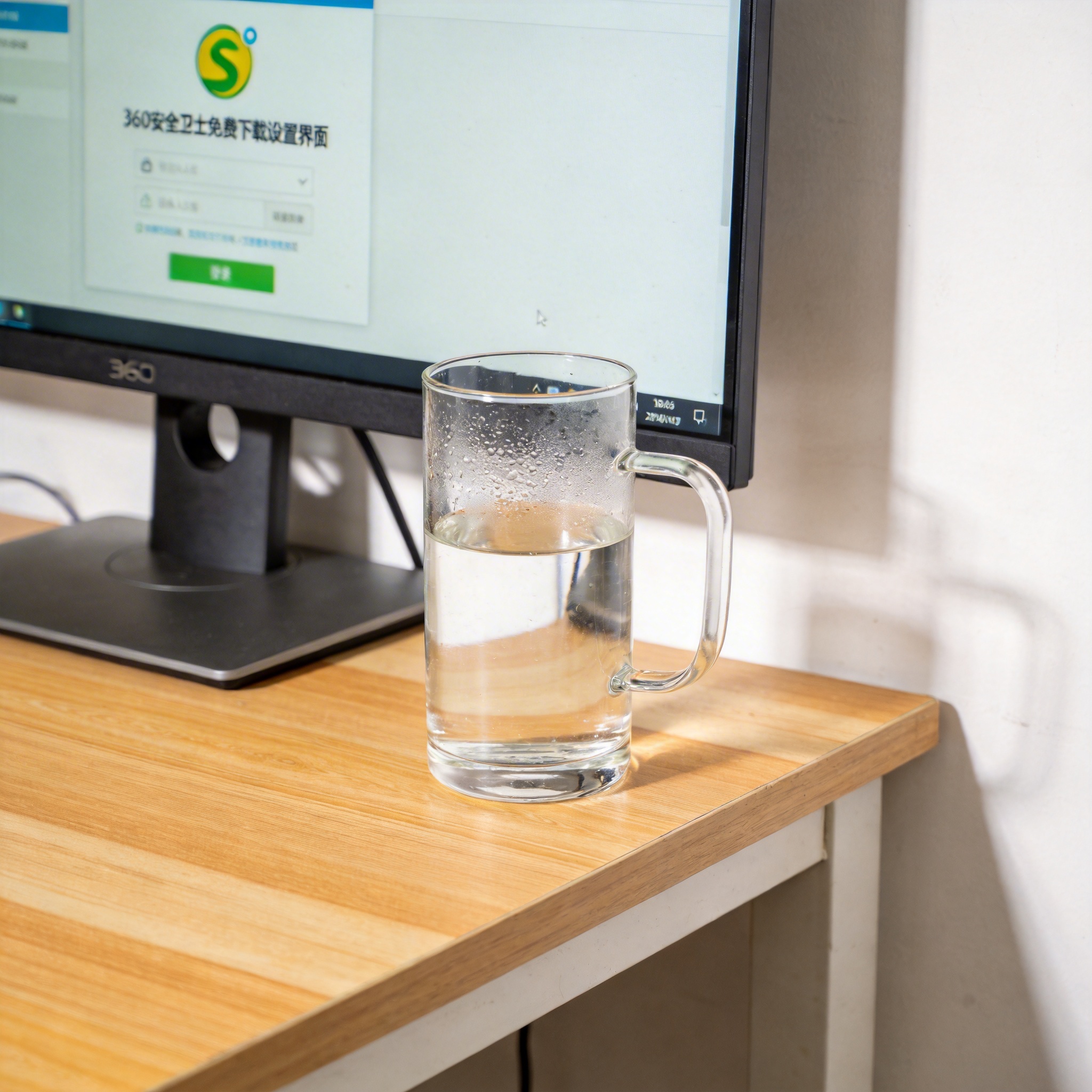 书桌上的主机，屏幕显示360 安全卫士免费下载设置界面，桌角放着水杯，自然光