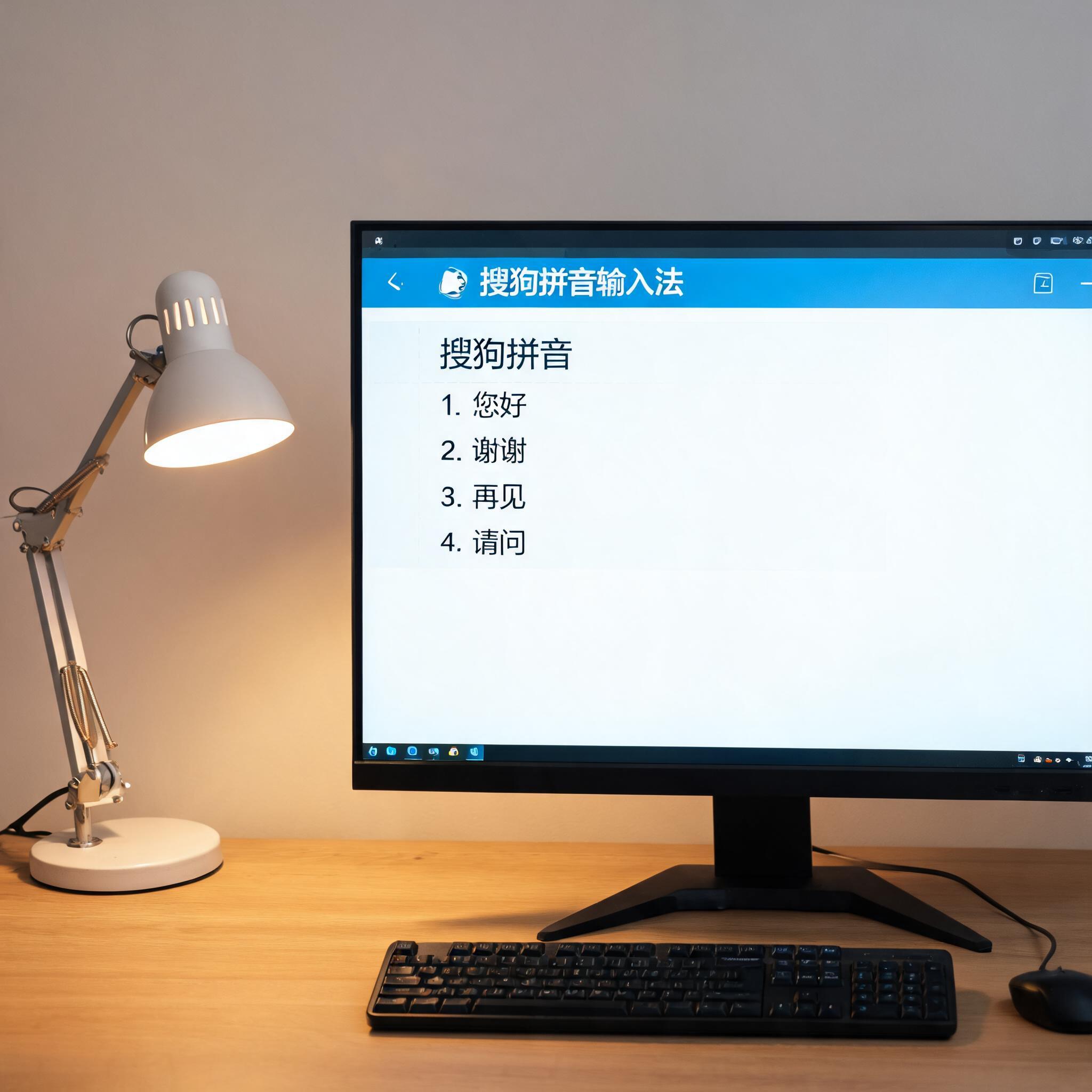 电脑桌上的电脑，屏幕显示搜狗拼音输入法界面，旁边放着台灯