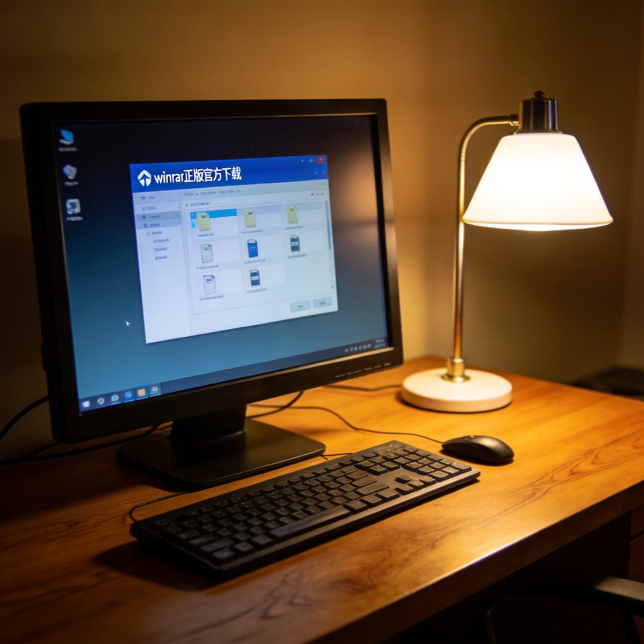 电脑桌上的电脑，屏幕显示winrar 正版官方下载分区，旁边放着台灯
