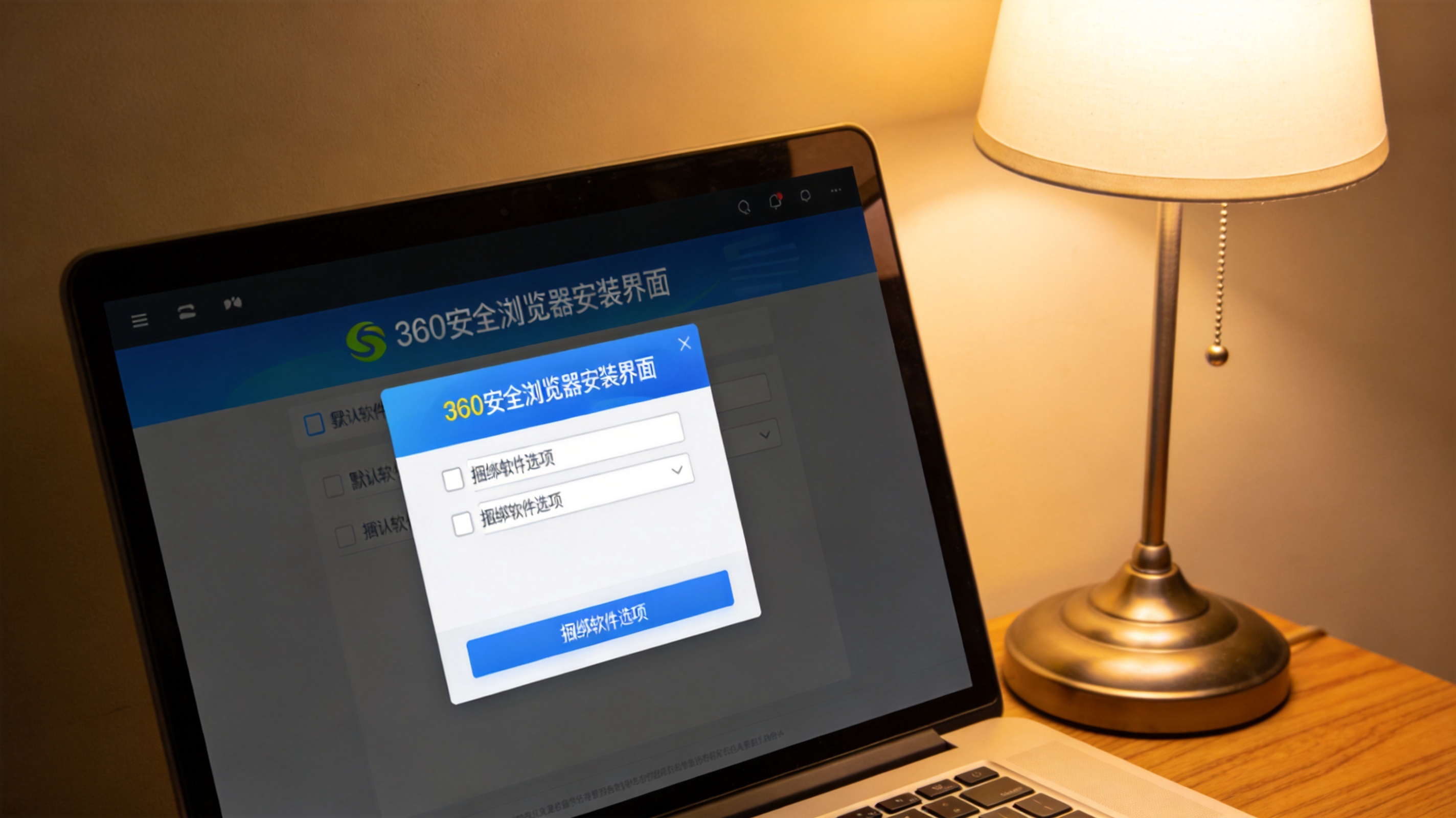 电脑屏幕显示360安全浏览器安装界面，界面上有默认勾选的捆绑软件选项，桌面边缘摆着台灯，台灯暖光
