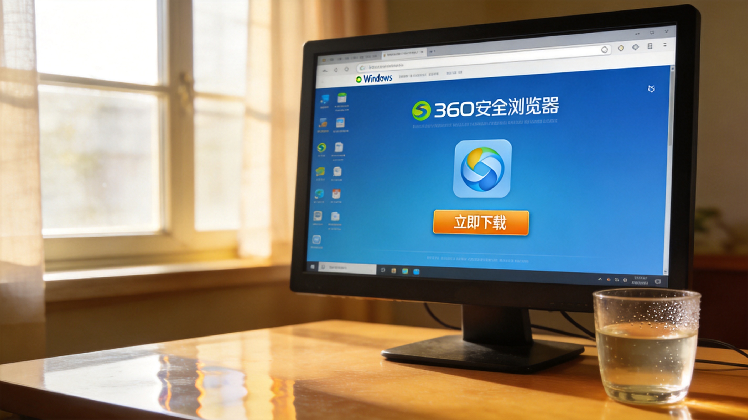 电脑桌面，屏幕显示Windows系统下的360安全浏览器官方网站页面，页面上有醒目的下载按钮，桌面角落放着半杯温水，室内自然光