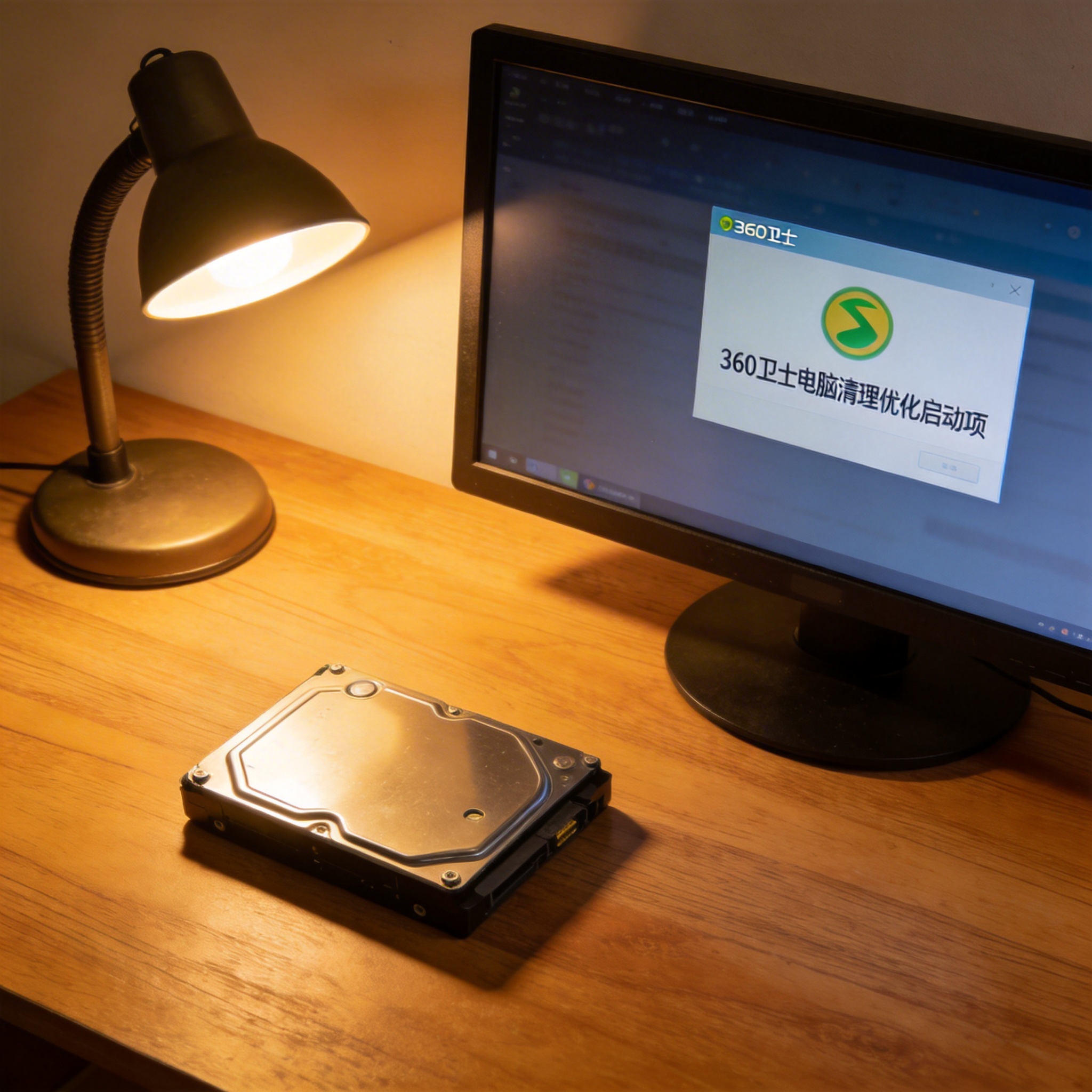 电脑桌上的硬盘，屏幕显示360 卫士电脑清理优化启动项，旁边放着台灯