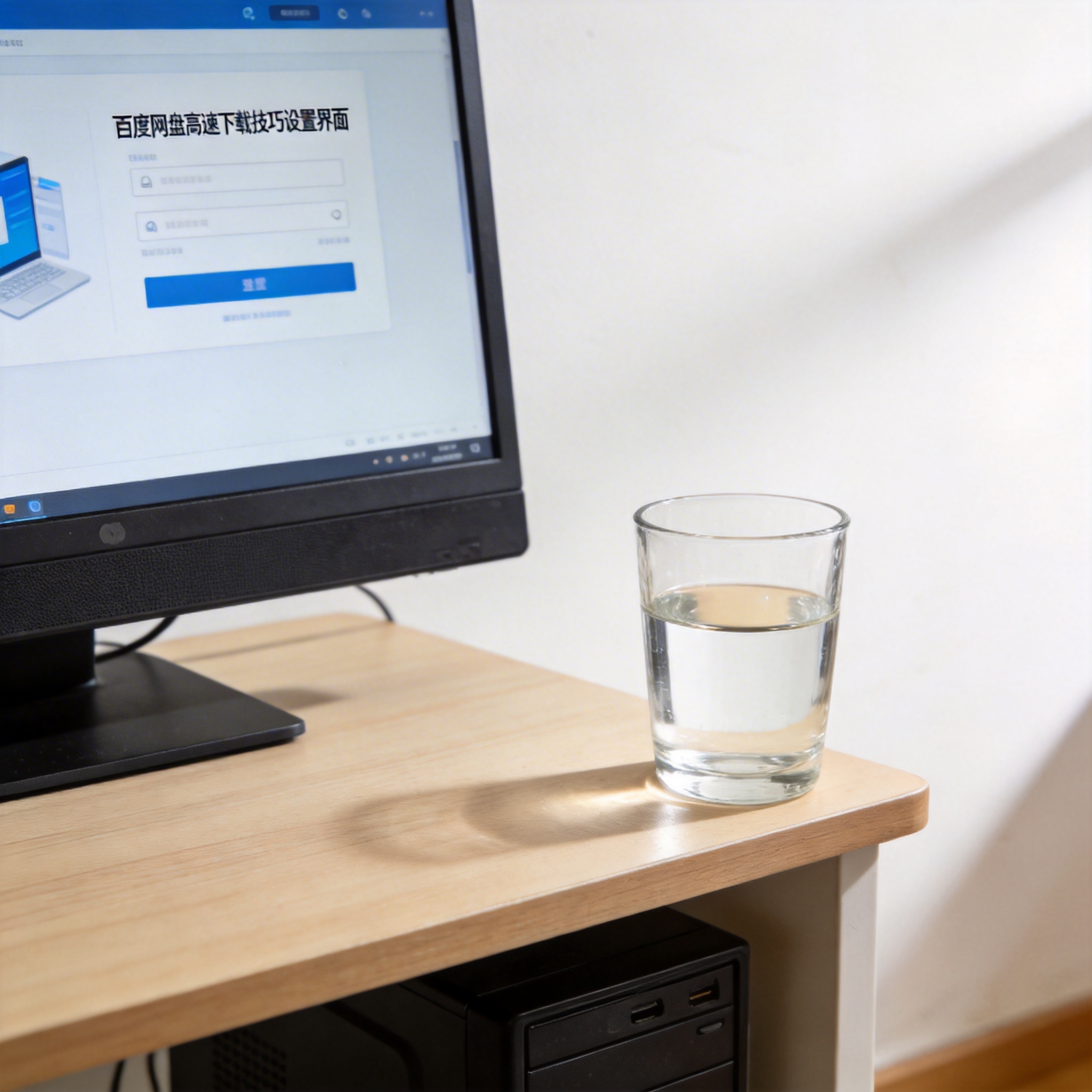 书桌上的主机，屏幕显示百度网盘高速下载技巧设置界面，桌角放着水杯，自然光