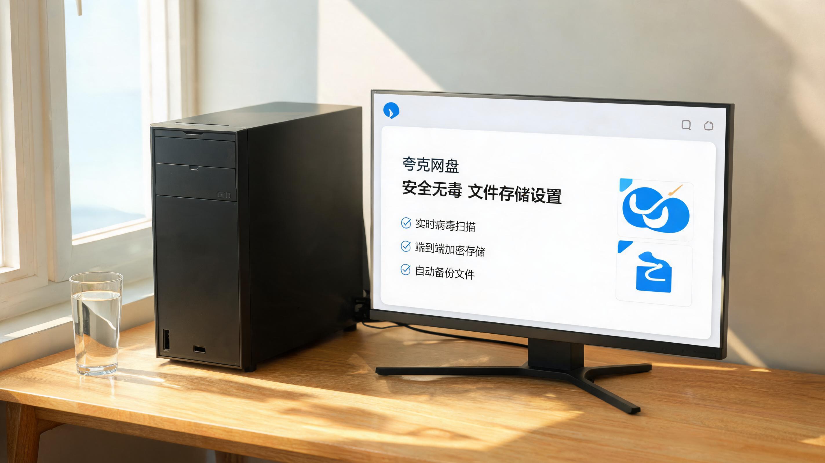 书桌上的主机，屏幕显示夸克网盘安全无毒文件存储设置界面，桌角放着水杯，自然光