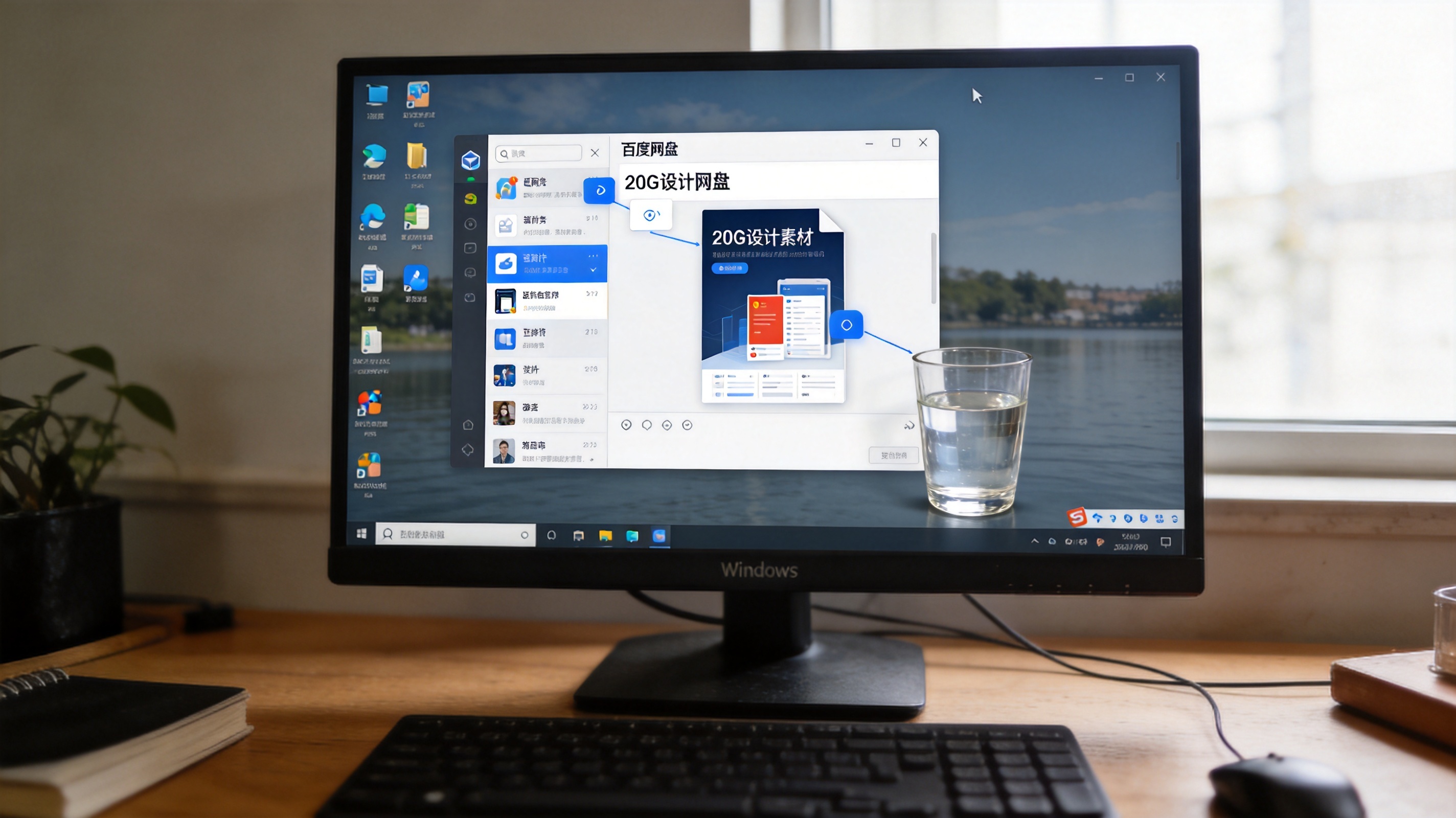 Windows系统的电脑桌面，屏幕显示百度网盘客户端界面，选中一个20G的设计素材文件，旁边放着半杯水，室内自然光