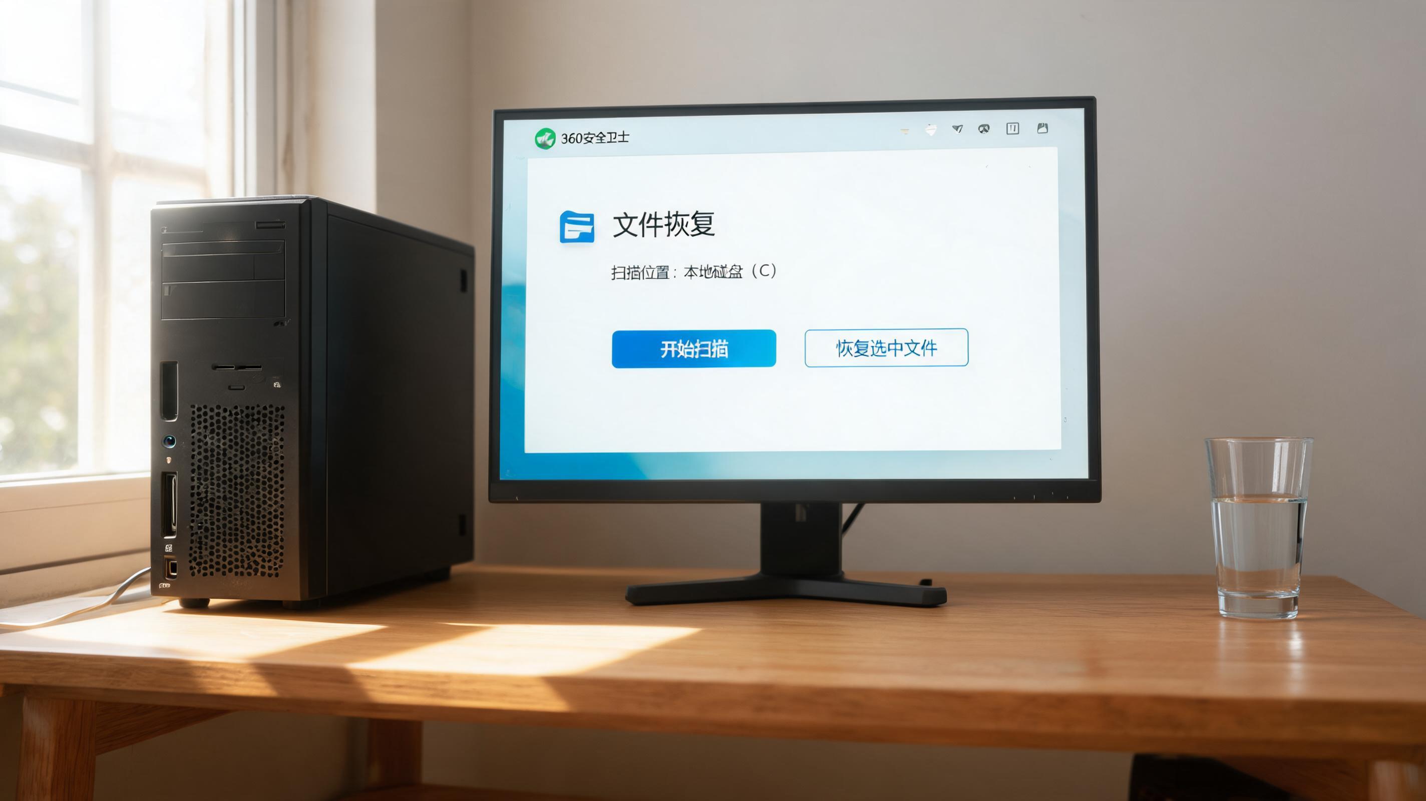 书桌上的主机，屏幕显示360 安全卫士文件恢复功能设置界面，桌角放着水杯，自然光