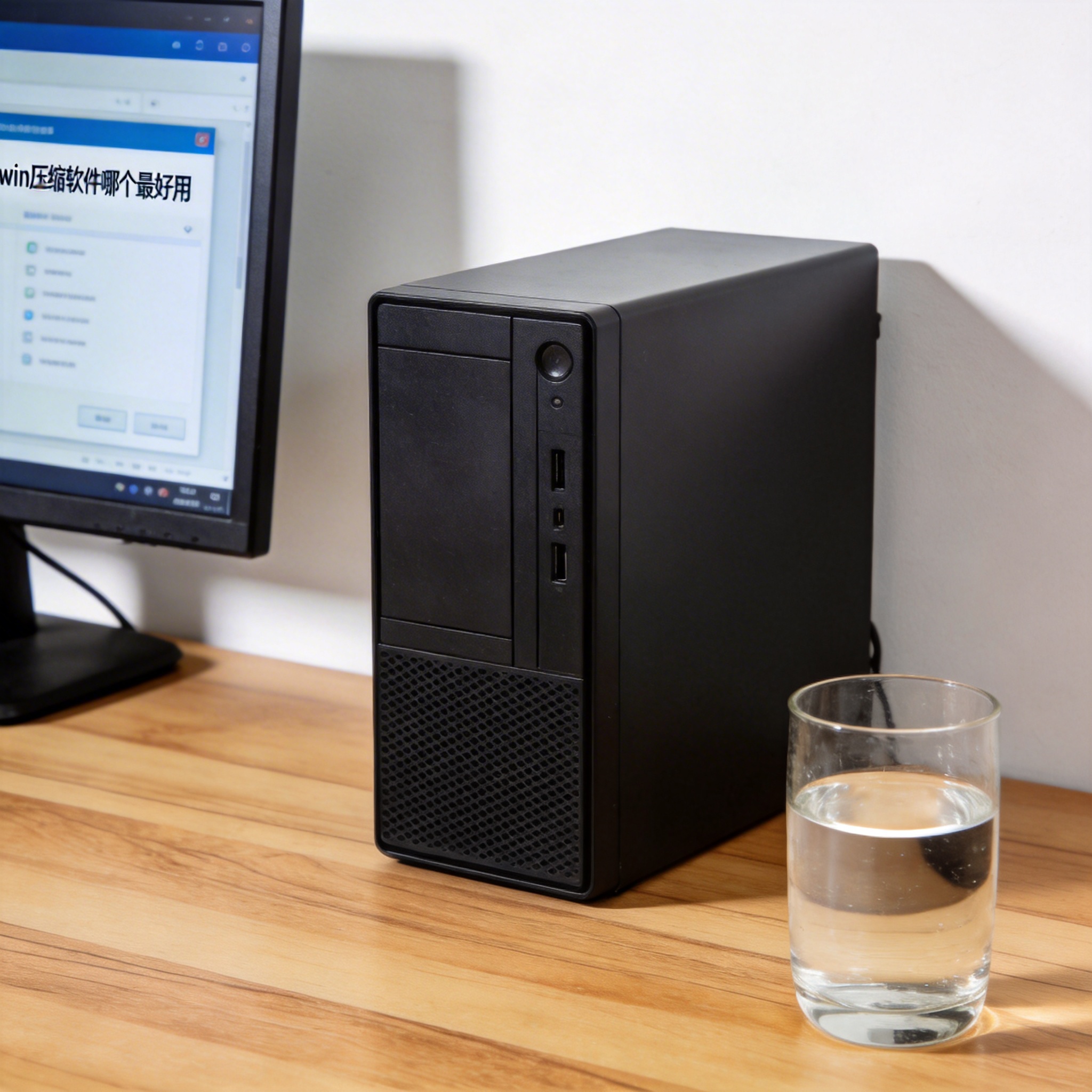 书桌上的主机，屏幕显示win 压缩软件哪个最好用设置界面，桌角放着水杯，自然光