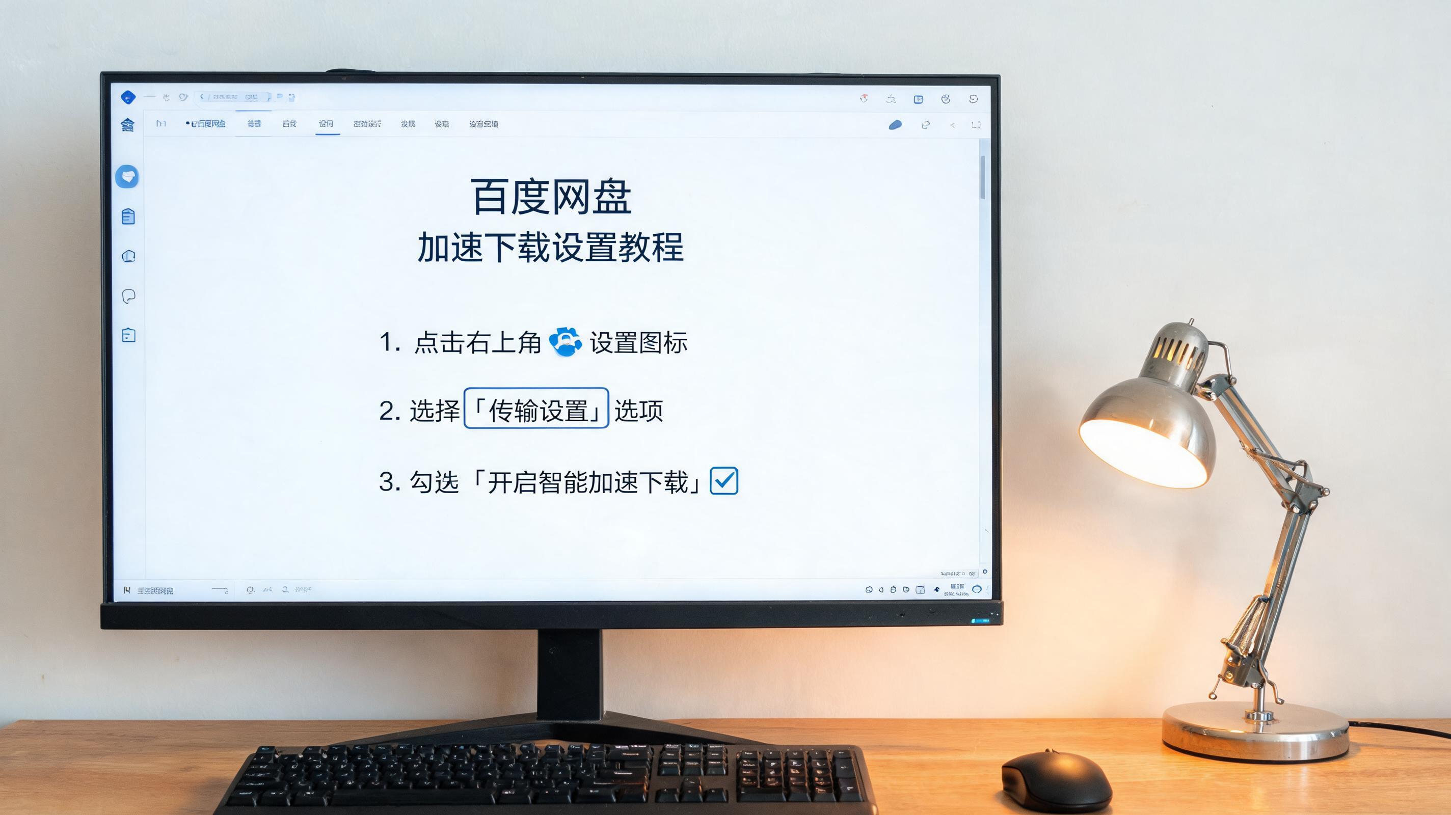 电脑桌上的电脑，屏幕显示百度网盘加速下载设置教程界面，旁边放着台灯
