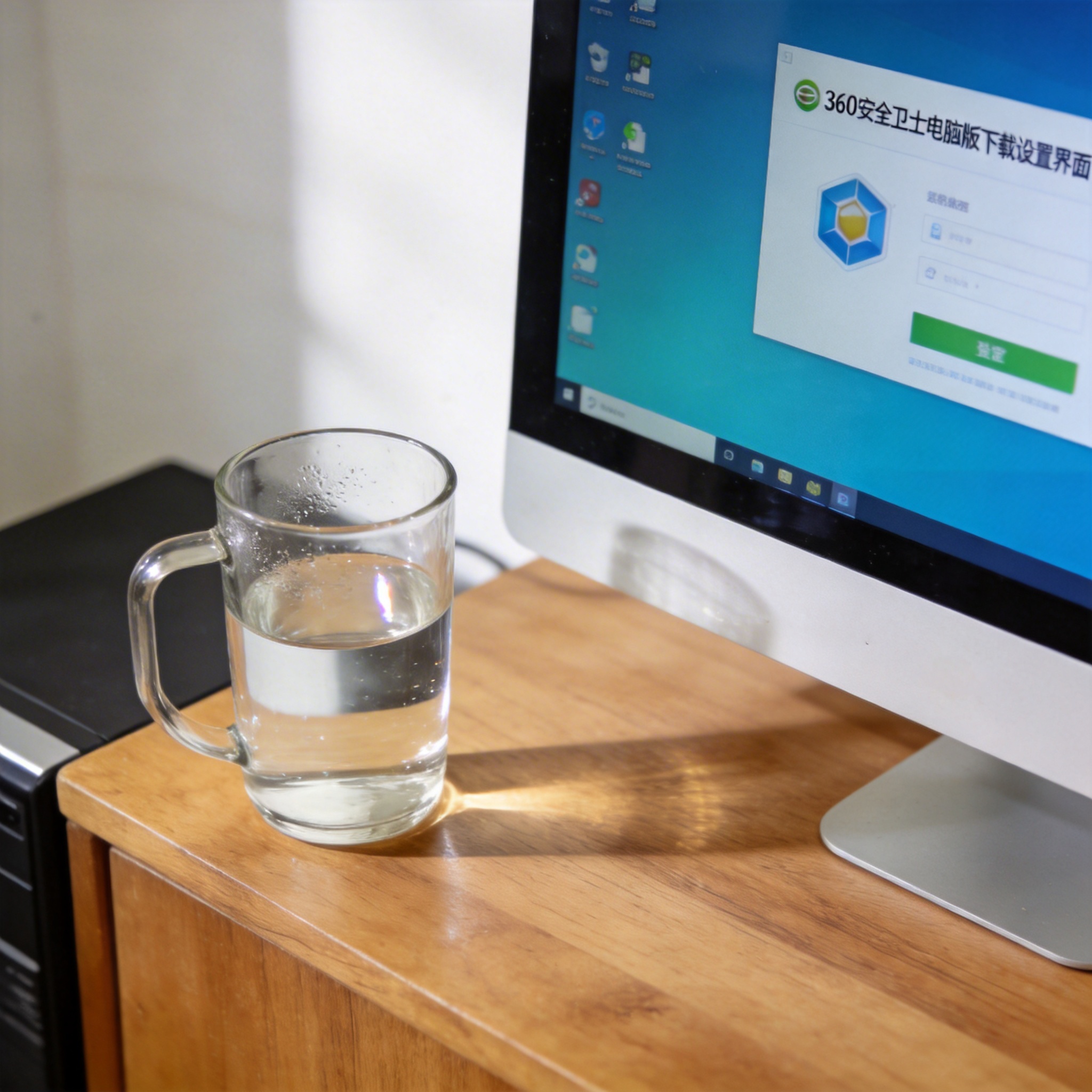 书桌上的主机，屏幕显示360 安全卫士电脑版下载设置界面，桌角放着水杯，自然光