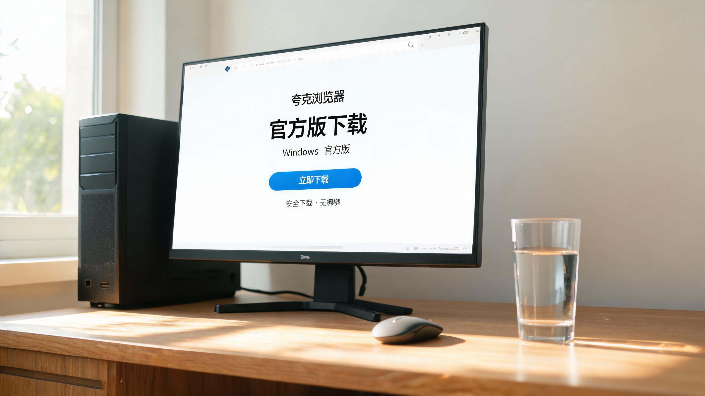 书桌上的主机，屏幕显示夸克浏览器官方版下载设置界面，桌角放着水杯，自然光