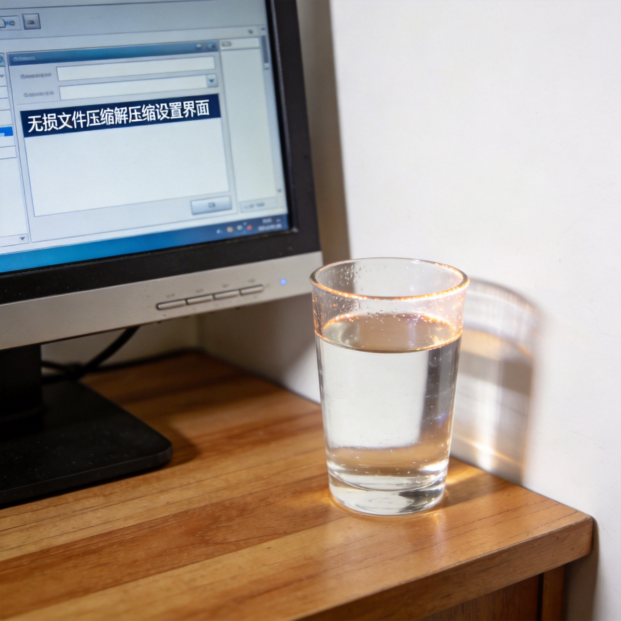 书桌上的主机，屏幕显示无损文件压缩解压缩设置界面，桌角放着水杯，自然光
